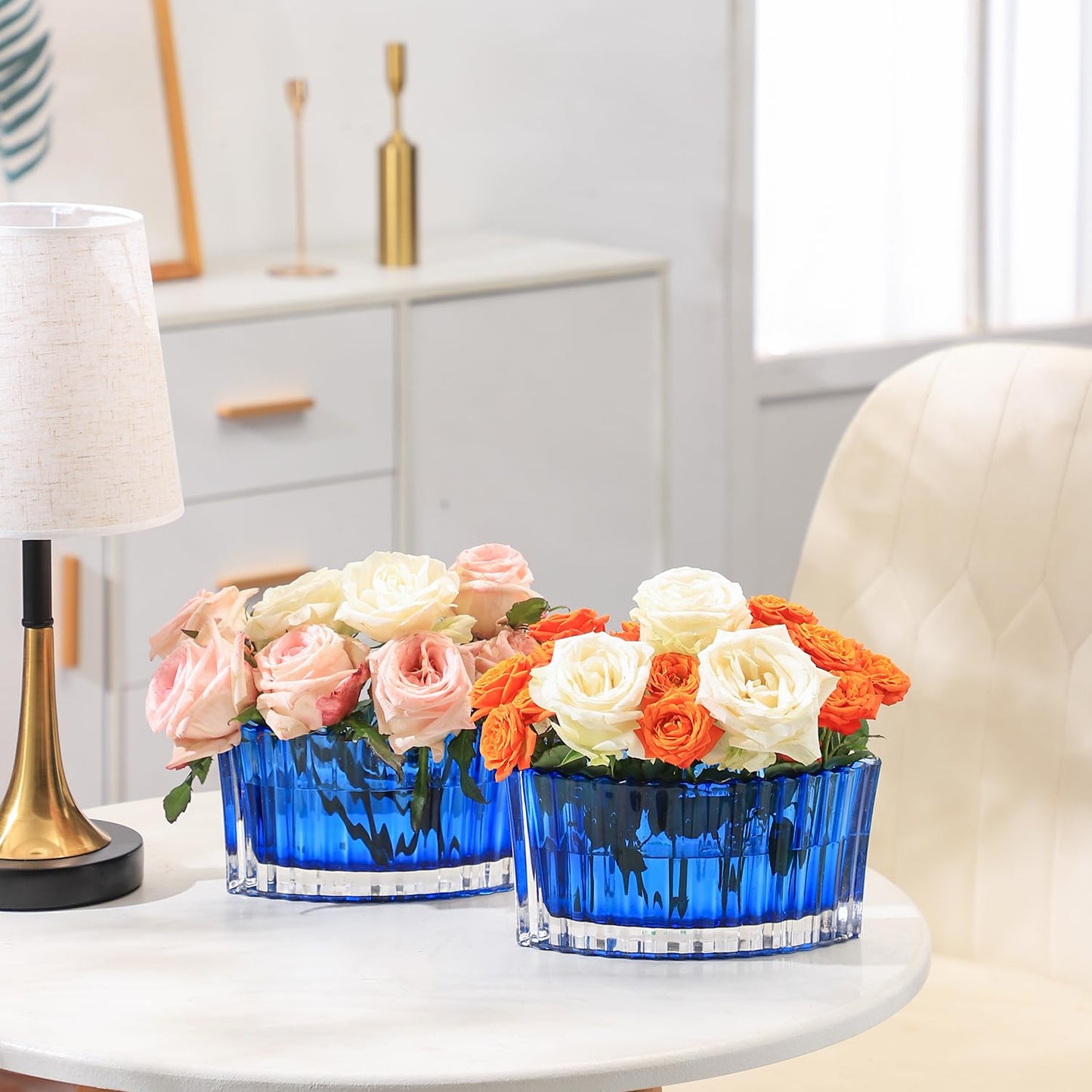 MCMCNCUIU Crystal Vases for Centerpieces, Flower Vases for Wedding Centerpieces, Blue Glass Vase for Flowers, Curve Small Vase for Living Room, Bedroom, Kitchen, Dining Table, Set of 2