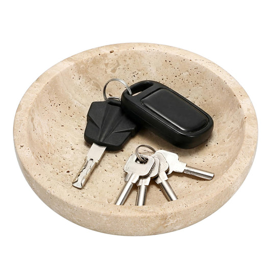 Hipiwe Key Holder for Entryway 7.9" Round Key Bowl Decorative Travertine Tray Nightstand Organizer Trays Jewelry Dish for Jewelry Ring Trinket Storage Home Decor