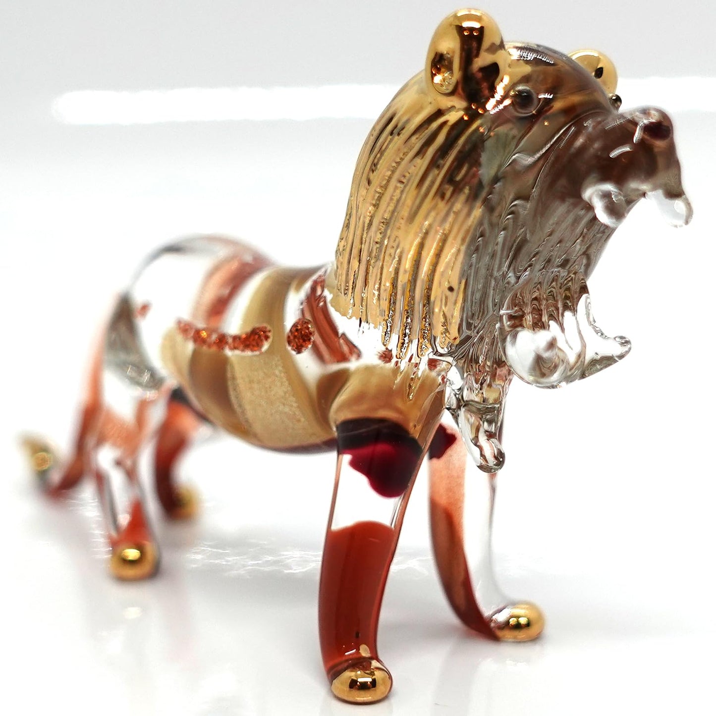 Sansukjai Lion Miniature Figurines Animals Hand Blown Color Glass Art Collectible Gift Decorate, Amber Silver