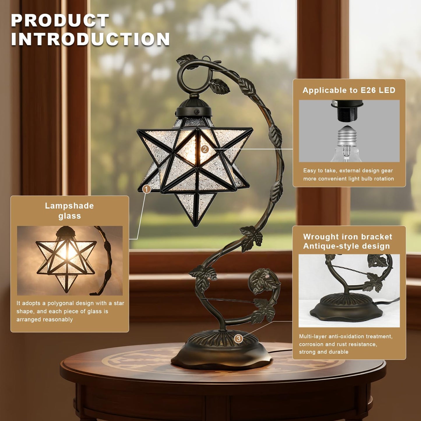 Star Glass Table Lamp, Vintage Style Table Lamp, 8x10x20 Inch – Bronze Metal Leaf Base Tiffany Lamp for Bedroom,Living Room,Study