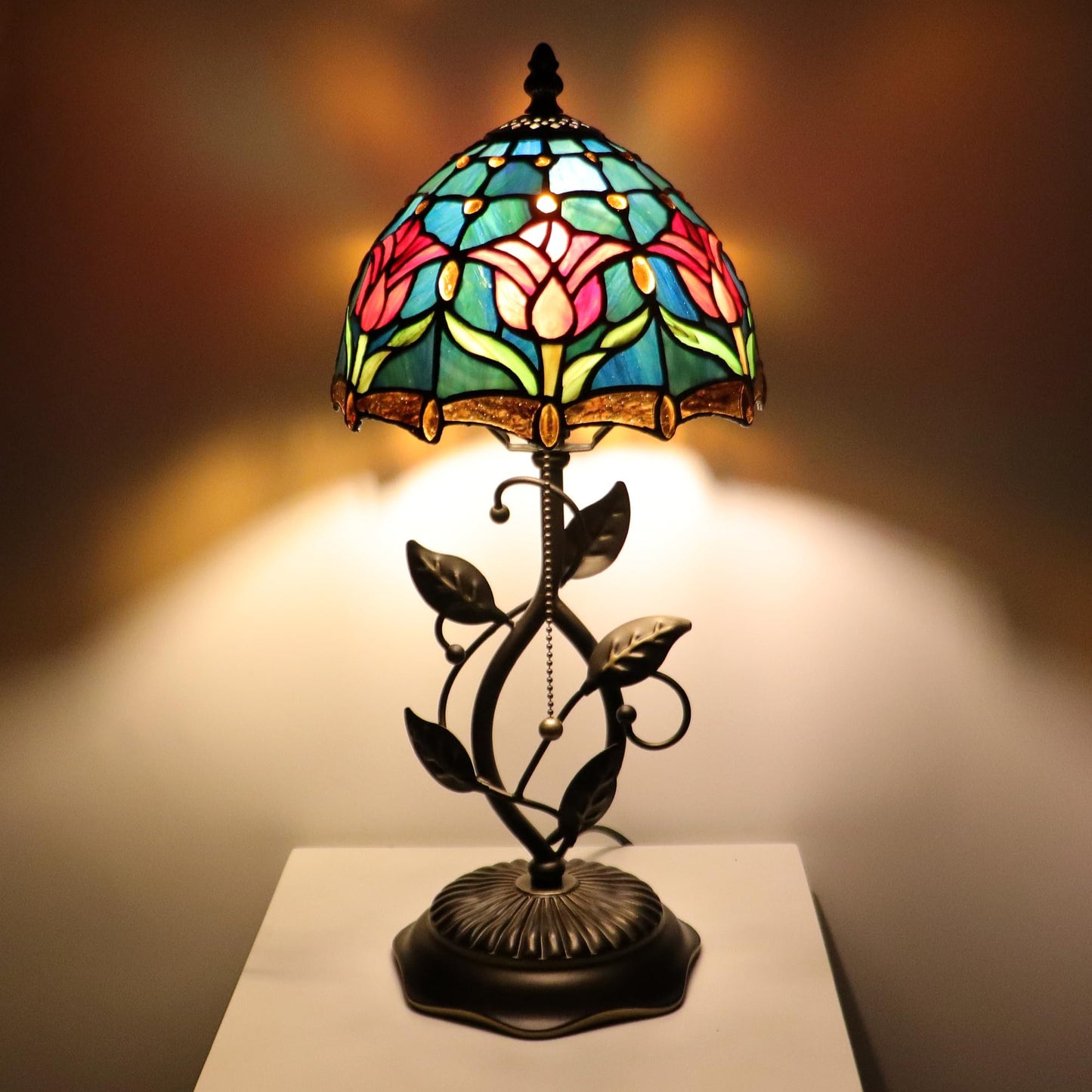 MQYXH Tiffany Style Stained Glass Table Lamp Red Blue Tulip 18 Inch