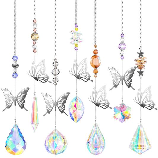 Hicarer 7 Pieces Crystals Suncatcher Butterfly Prism Sun Catchers Colorful Crystal Chandelier Rainbow Pendant Christmas Tree Decor Wall Hanging Window Ornament