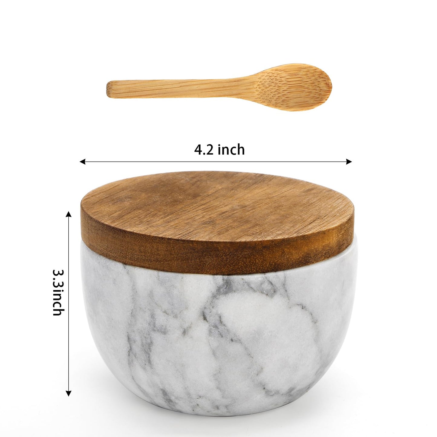 Nicunom Marble Salt Cellar with Acacia Wood Lid and Spoon, Elegant Handcrafted Salt Box Pepper Bowl Spice Jar Seasoning Keeper Salt Container for Kitchen Counter