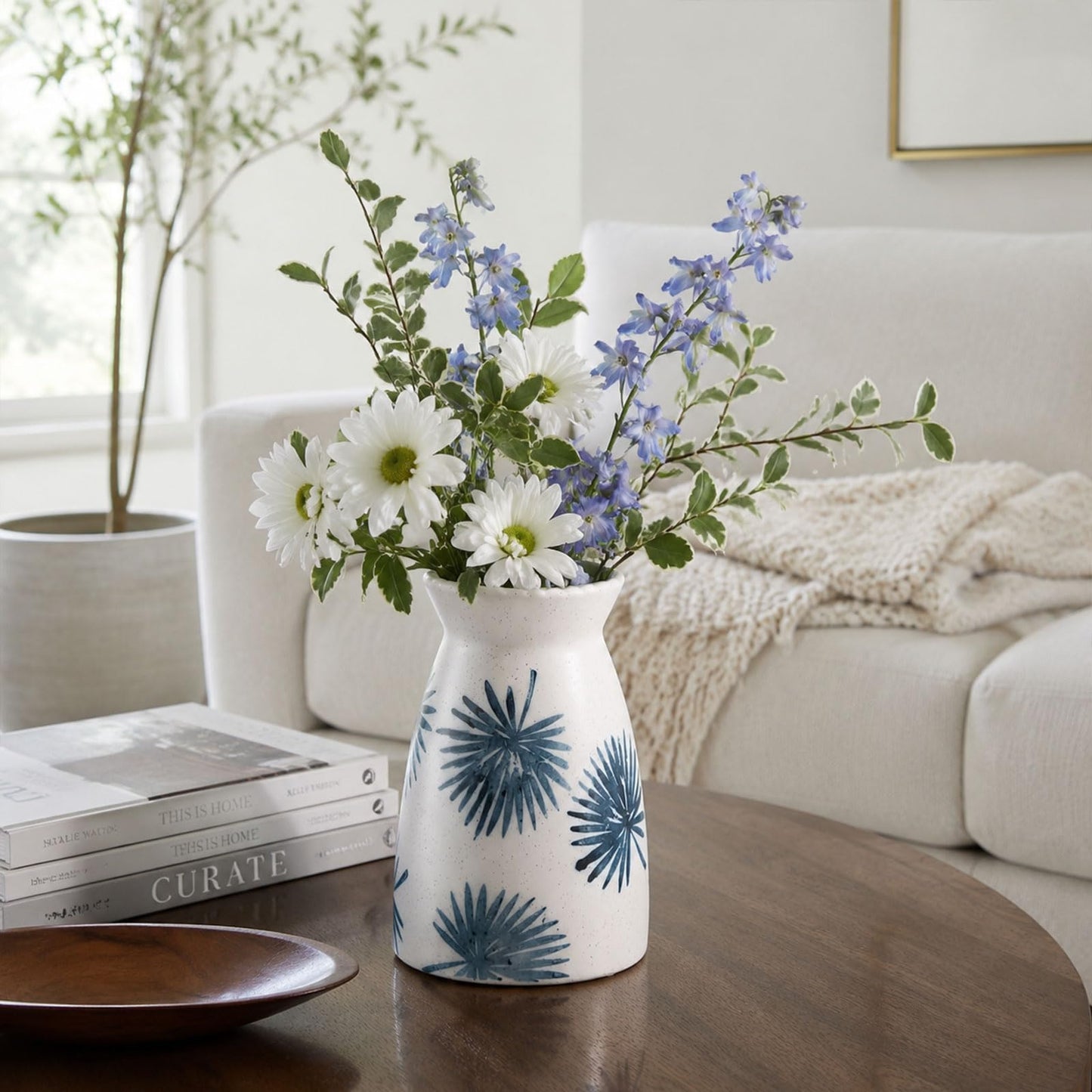 hjn Teal Ceramic Vase Modern Minimalist Table Centerpiece, Round Smooth Flower Holder for Living Room, Shelf, Mantel, Wedding & Home Decor -Cream-7" H