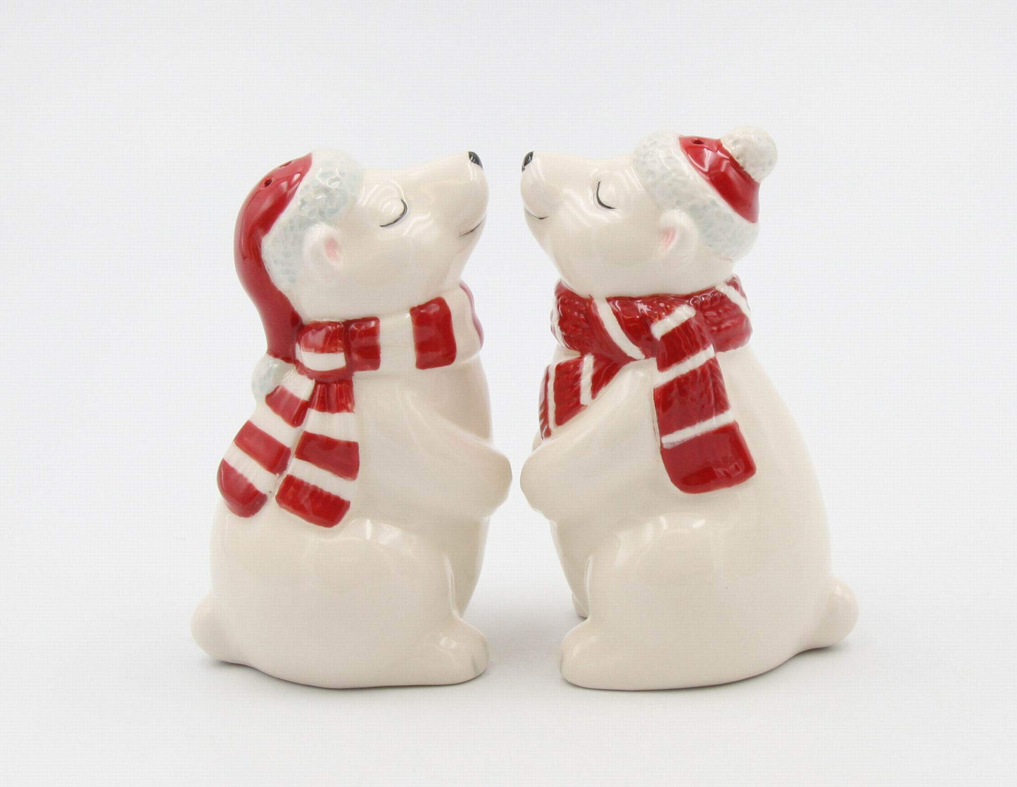 Fine Ceramic Christmas Holidays Polar Bear Couple Wearing Santa's Hat and Scarf Salt & Pepper Shakers Set, 3-5/8" H