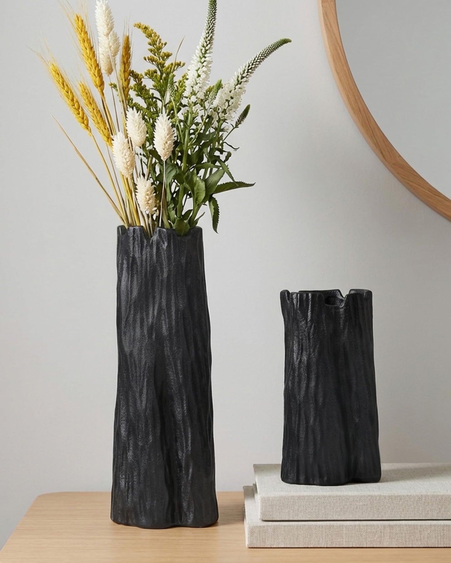 OOSTONEE Matte Black Flower Vases Home Decor, Unique Designed Organic Nature Shape, Ceramic Flower Vase for Living Room, Entryway Table Decor, Bookshelf Decor (10.7 inch)