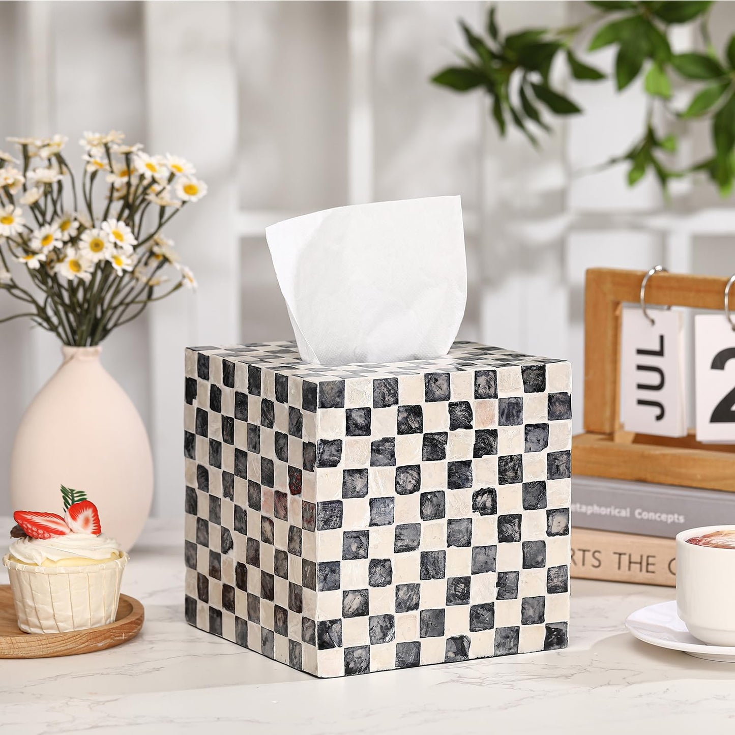 Reallnaive 5.9 Inch Cube Mother of Pearl Tissue Box Cover Ceramic Decorative Tissue Box Holder, Square Napkin Holder Rustic Napkin Dispenser Organizer for Table Bathroom Office(Black White Checkered)