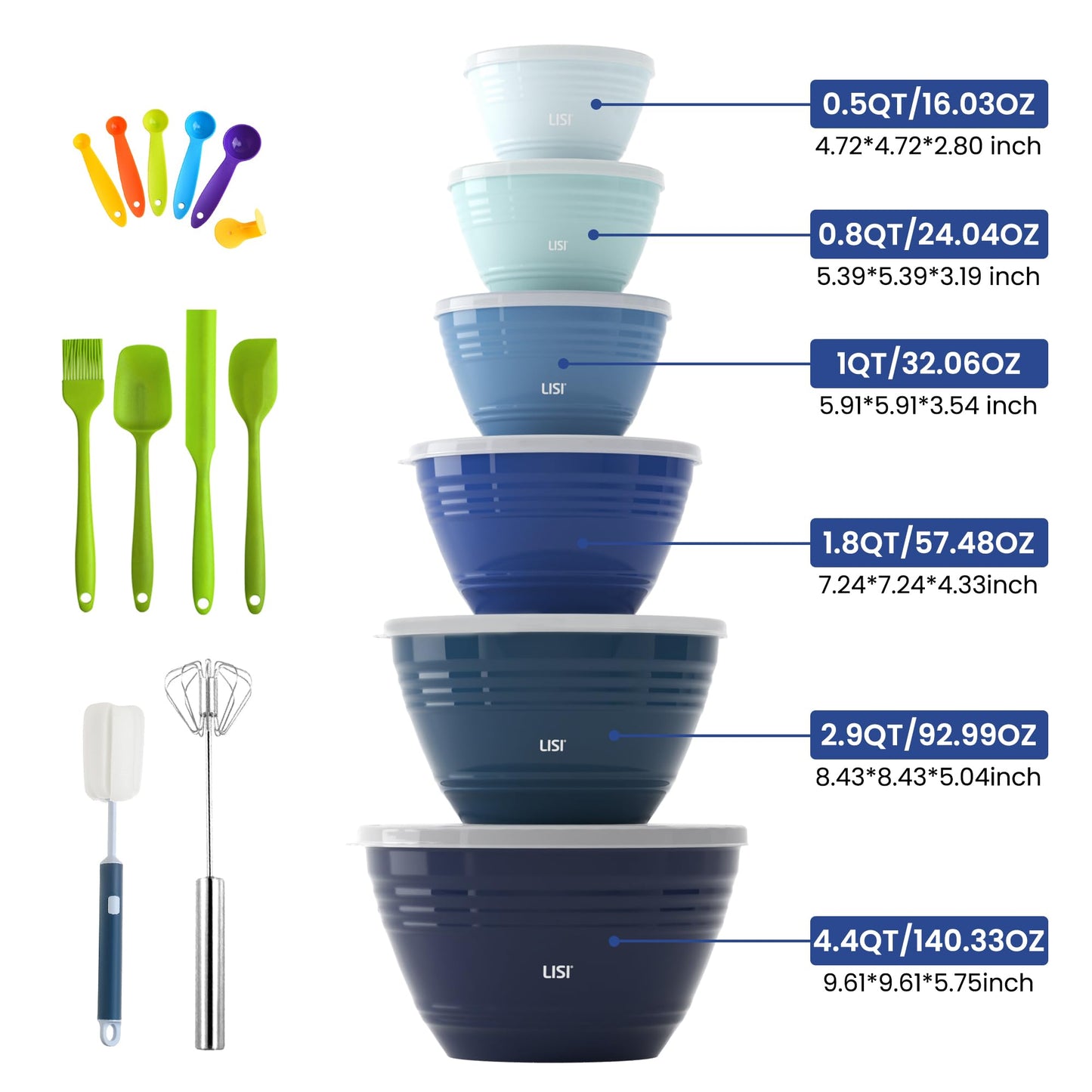 LISI 6 Pack Mixing Bowls Set with Lids, Airtight BPA-Free Nesting Bowls for Mixing, Baking, Cooking & Storage, Dishwasher Safe Serving Bowl, Includes Spatula, Spoons, Brush & Whisk