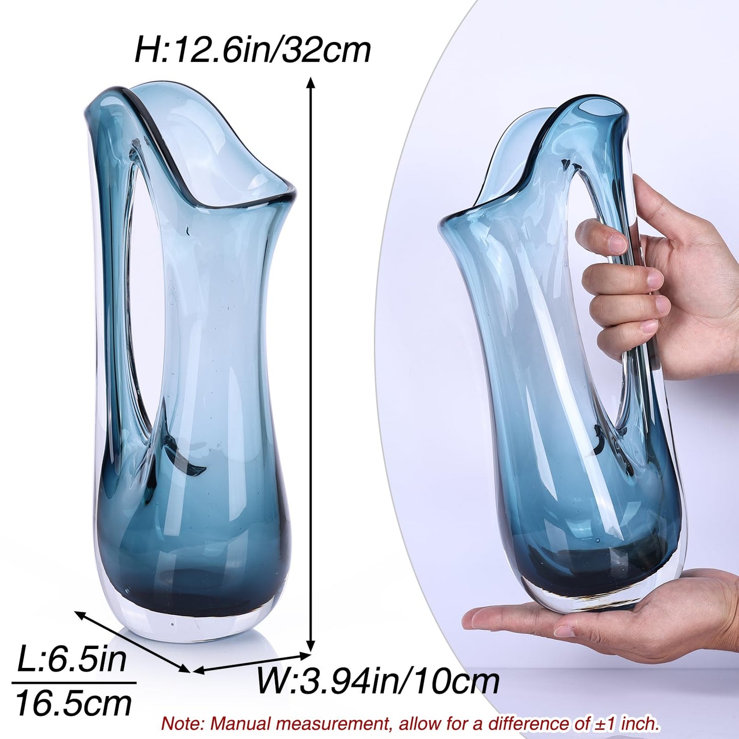 Abstract Glass Decorative Vases - 12.6" H Ombre Centerpiece Vase, Wide Mouth Handled Glass Pitcher Vase Flower, for Home Decor Living Room,Table,Bathroom,Office Shelf Decorative (Ombre Blue)