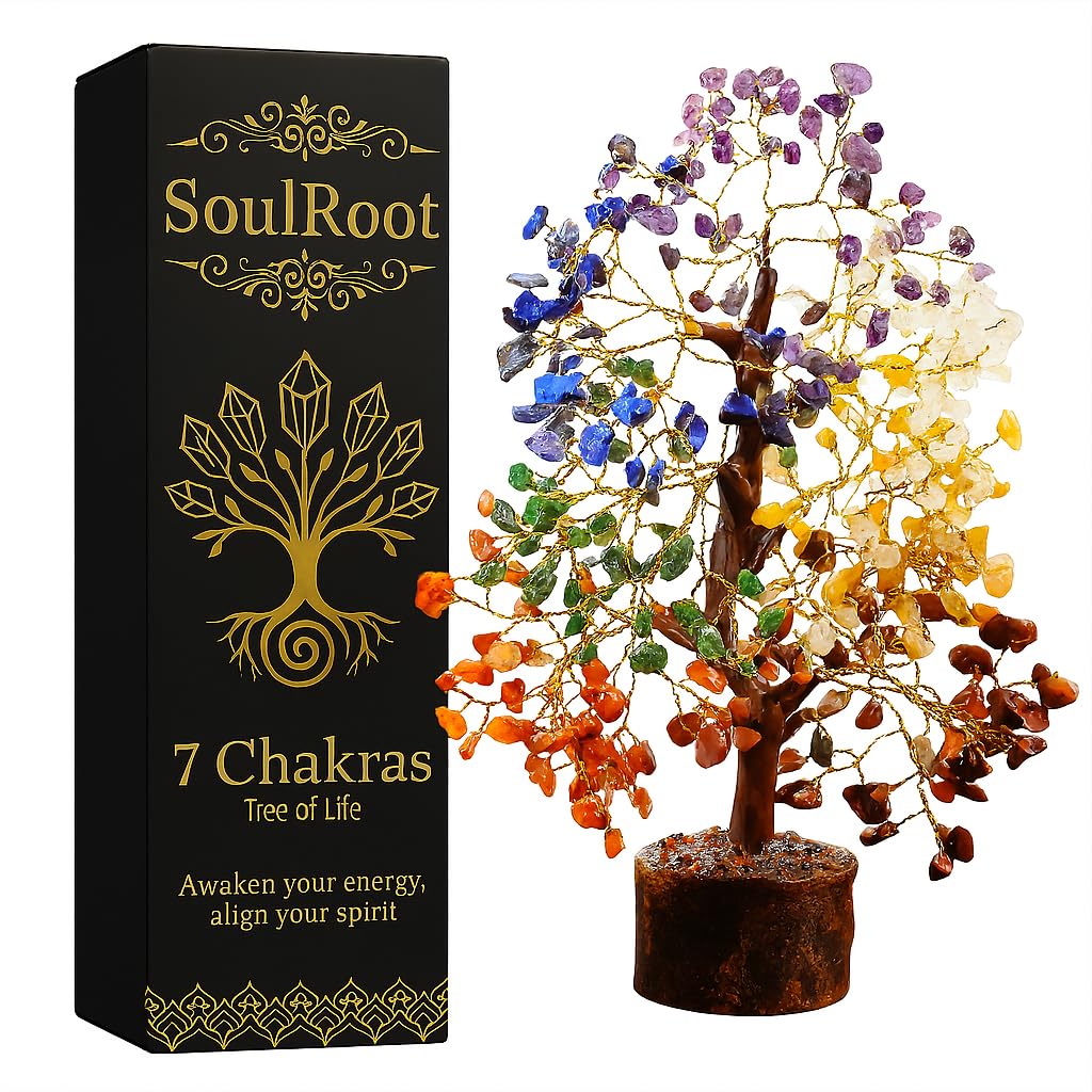 SoulRoot 7 Chakra Crystal Tree of Life, 300 Bead Gemstone Money Tree, Handmade Feng Shui Crystal Tree for Home Decor, Positive Energy, Wealth and Prosperity