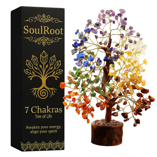 SoulRoot 7 Chakra Crystal Tree of Life, 300 Bead Gemstone Money Tree, Handmade Feng Shui Crystal Tree for Home Decor, Positive Energy, Wealth and Prosperity