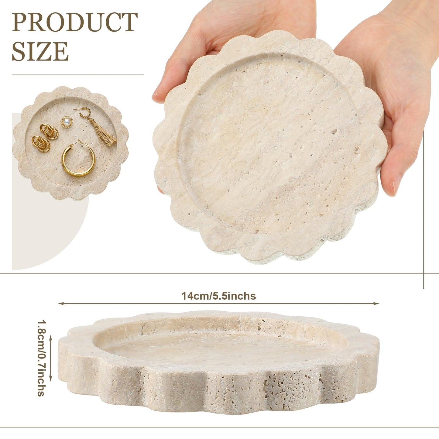 Threehoney 5.5 Inch Small Travertine Stone Tray Marble Jewelry Dish Trinket Tray for Women, Perfume, Coffee Table(Round,Scallop)
