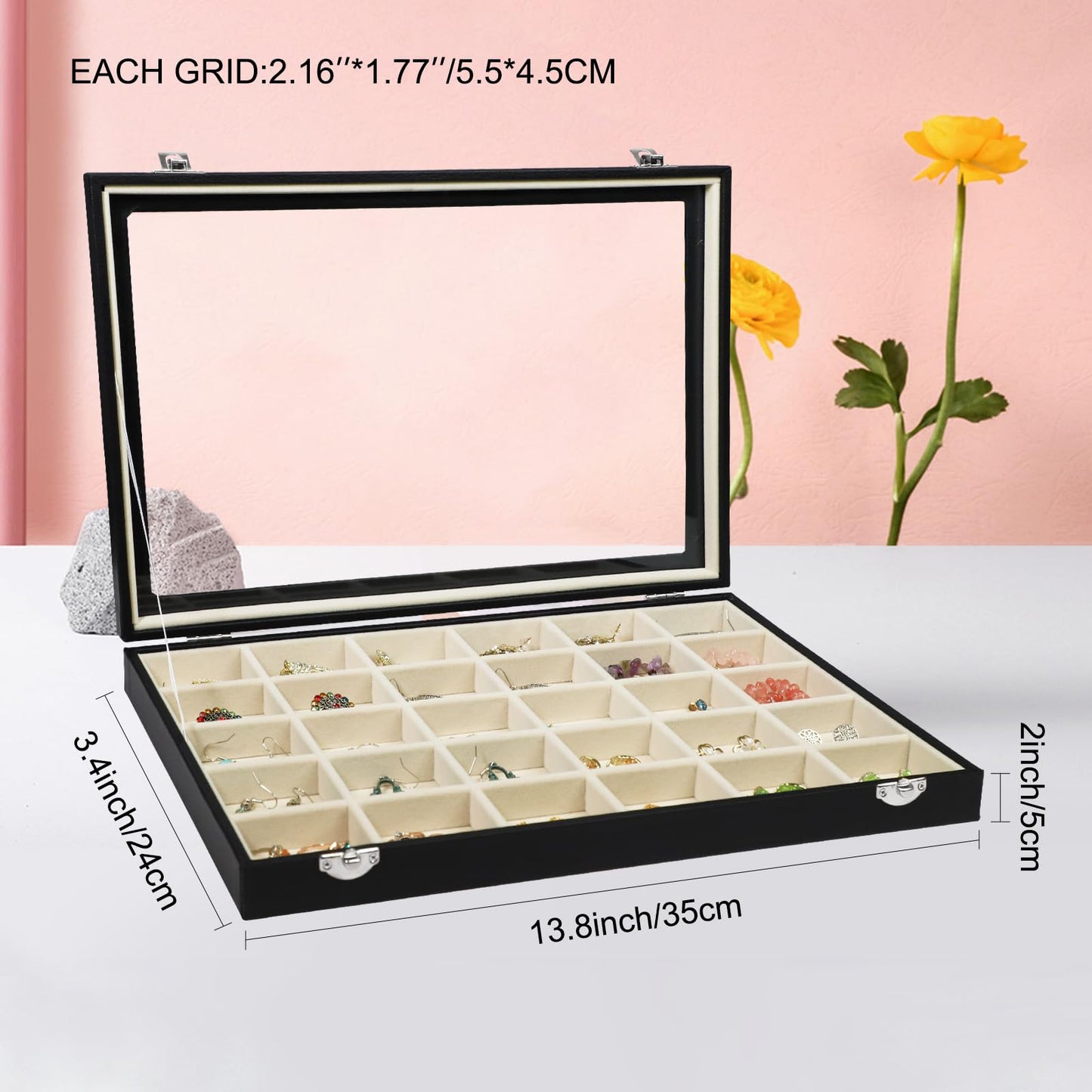 Stratalife 30 Grid Earring Organizer, PU Leather Jewelry Holder Organizer with Clear Lid, Velvet Earring Ring Storage Box for Women Girls Drawer (Beige Black)