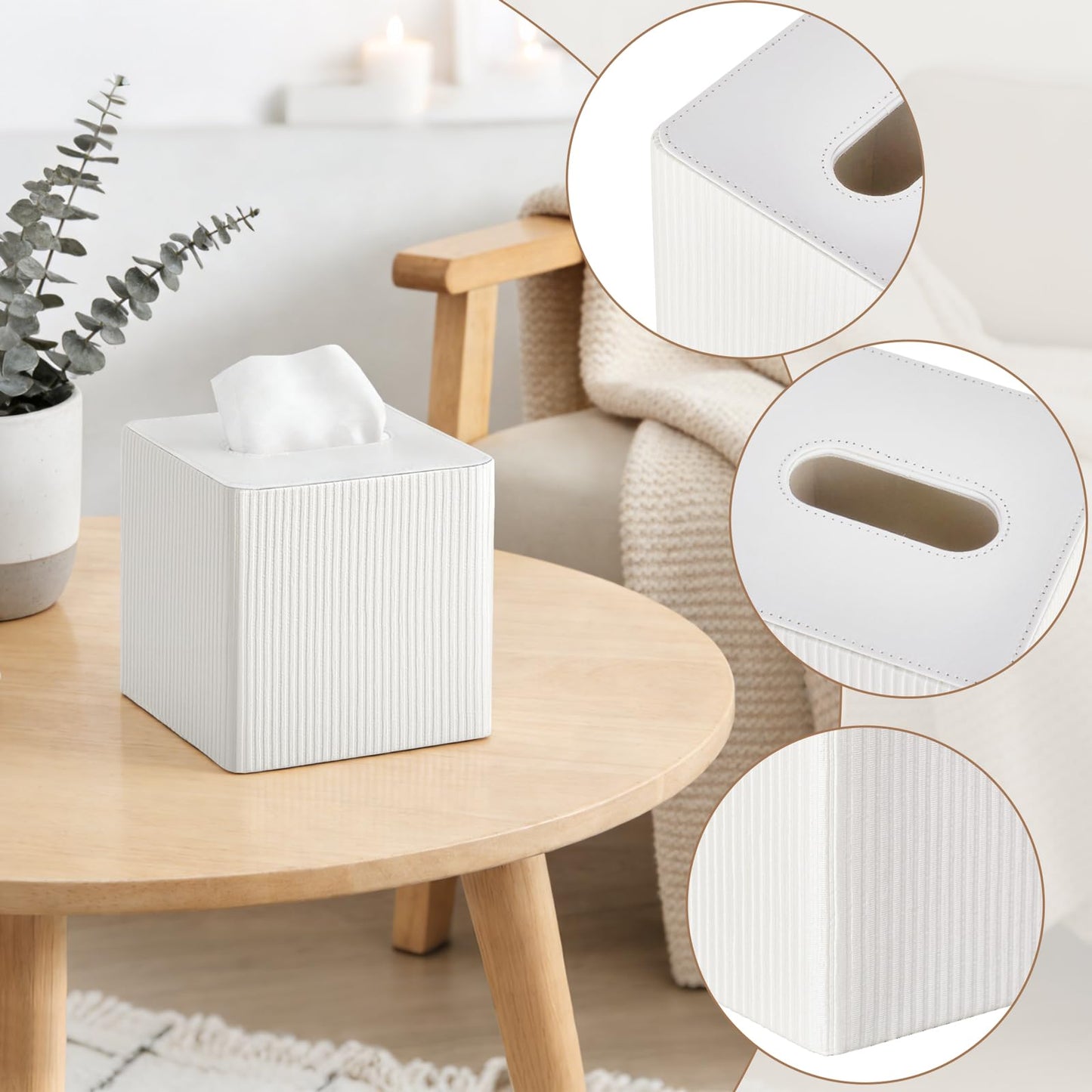 Mkono Tissue Box Cover PU Leather Square Tissue Box Holder with Bottom, Decorative Facial Cube Organizer for Bedroom Bathroom Dresser Vanity Countertop Night Stands Home Office Desk (Ivory)