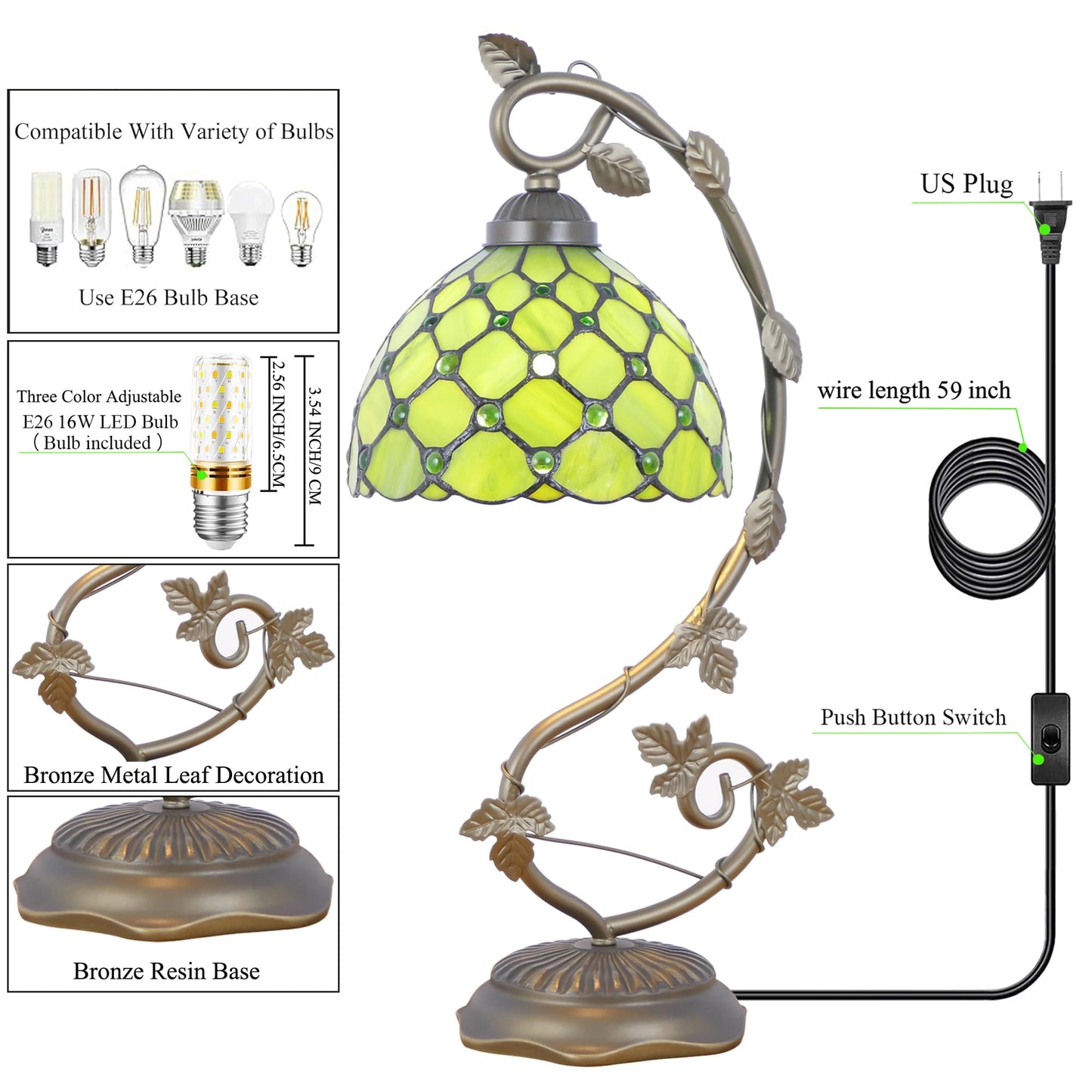 WFAYNTIFL Tiffany Table Lamp Green Yellow Pearl Style Shade 8X10X21 Inch