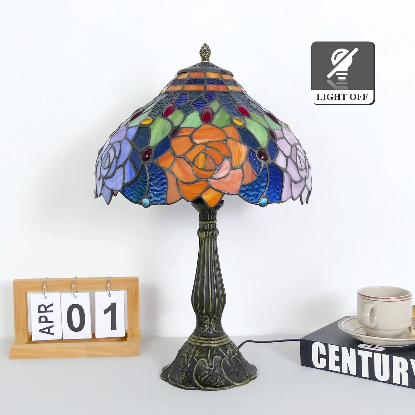 Tiffany Table Lamp Stained Glass Peony Flower Style Table Light, 12" Wide 19" Tall Handmade Bedside Table Night Lamp, Antique Art Craft Gifts for Living Room Bedroom Study Bookcase Desk Light