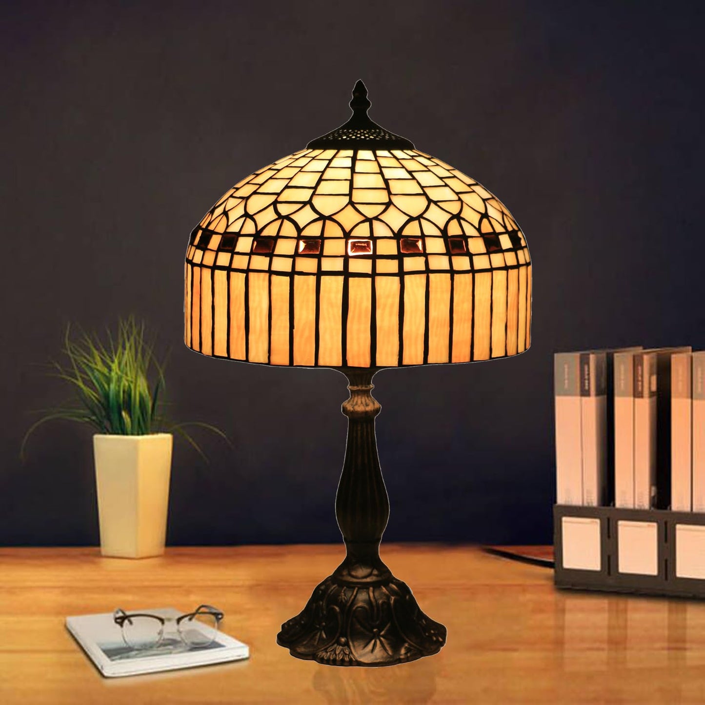 tuomoxte Tiffany Table Lamp, Gold Stripe Stained Glass Shade Bedside Table Lamps,Hand-Made Antique Nightstand Lamp for Bedroom Living Room Home Office+E26 LED Bulb,12X12X19 Inches