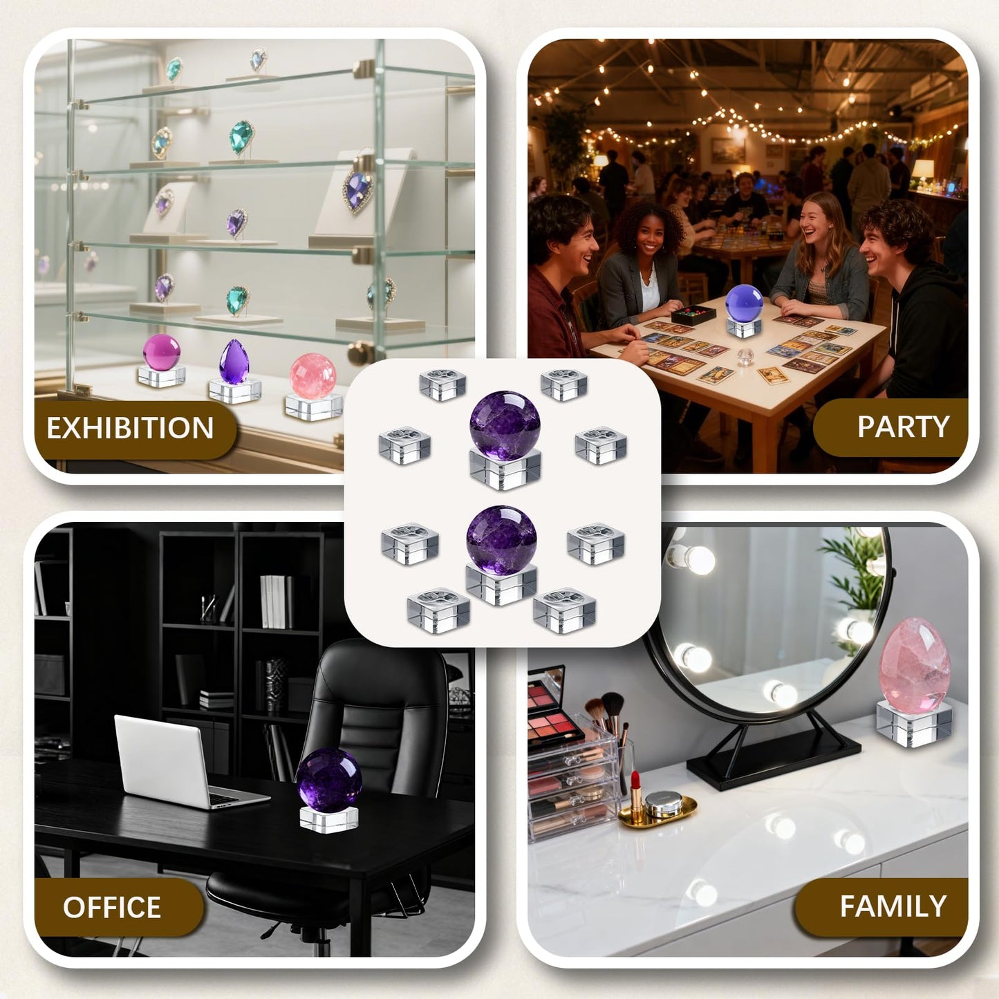 GeryVtee 10PCS Clear Crystal Ball Stand Square Crystal Display Bases Ball Stand for 30-90mm 3D Crystals Spheres Easter Egg Golf Ball Acrylic Home Decoration (5 Size)