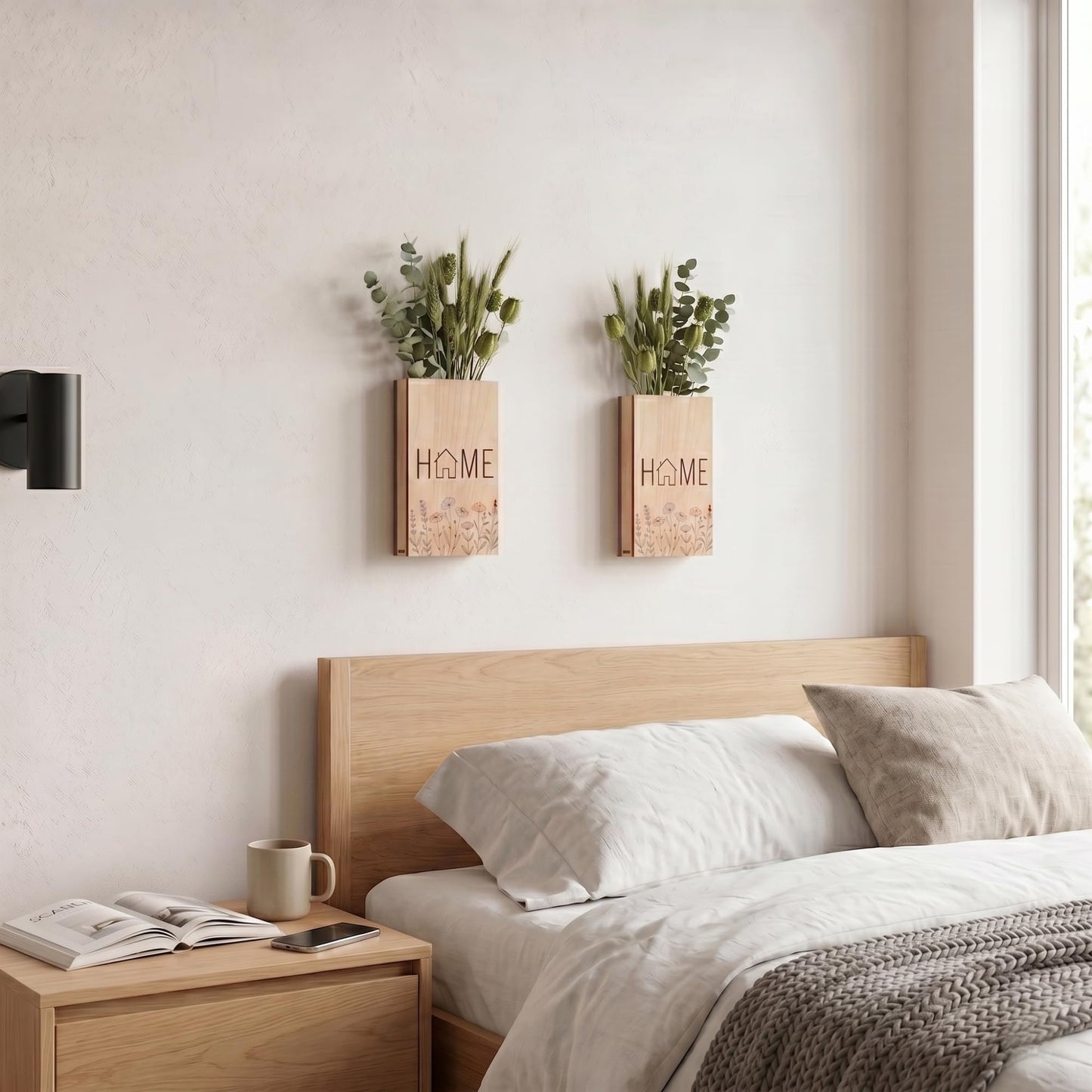WONGSAI Wood Wall Planter Set of 2 with Unique Pattern, Hanging Vase for Artificial Flowers or Dried Plants, Decorative Wall Mounted Flower Pot for Living Room Bedroom Home Office (Home)