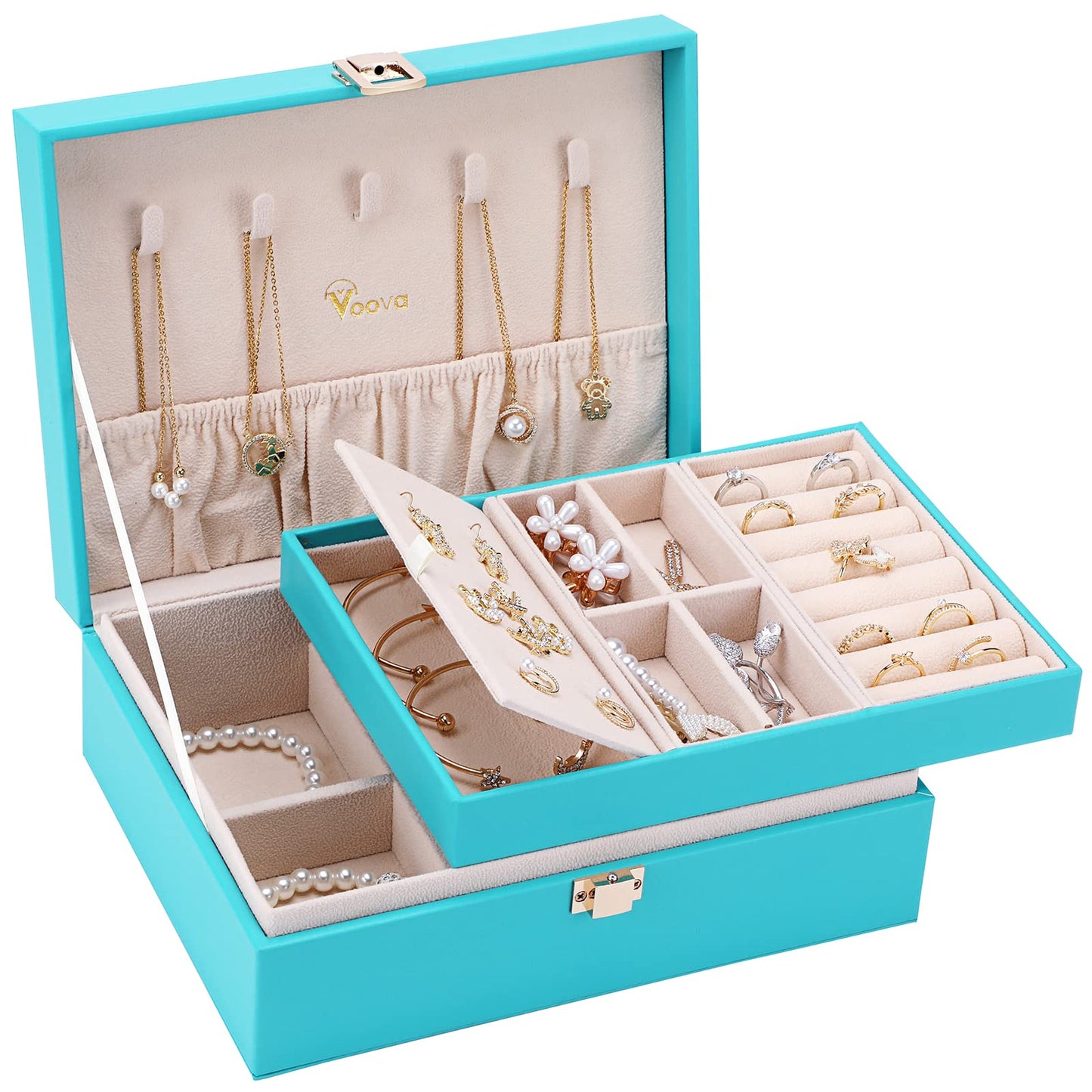 Voova Jewelry Box Organizer for Women Girls, 2 Layer Large Men Jewelry Storage Case, PU Leather Display Jewellery Holder with Removable Tray for Necklace Earrings Rings Bracelets, Gift, Teal/Lake Blue