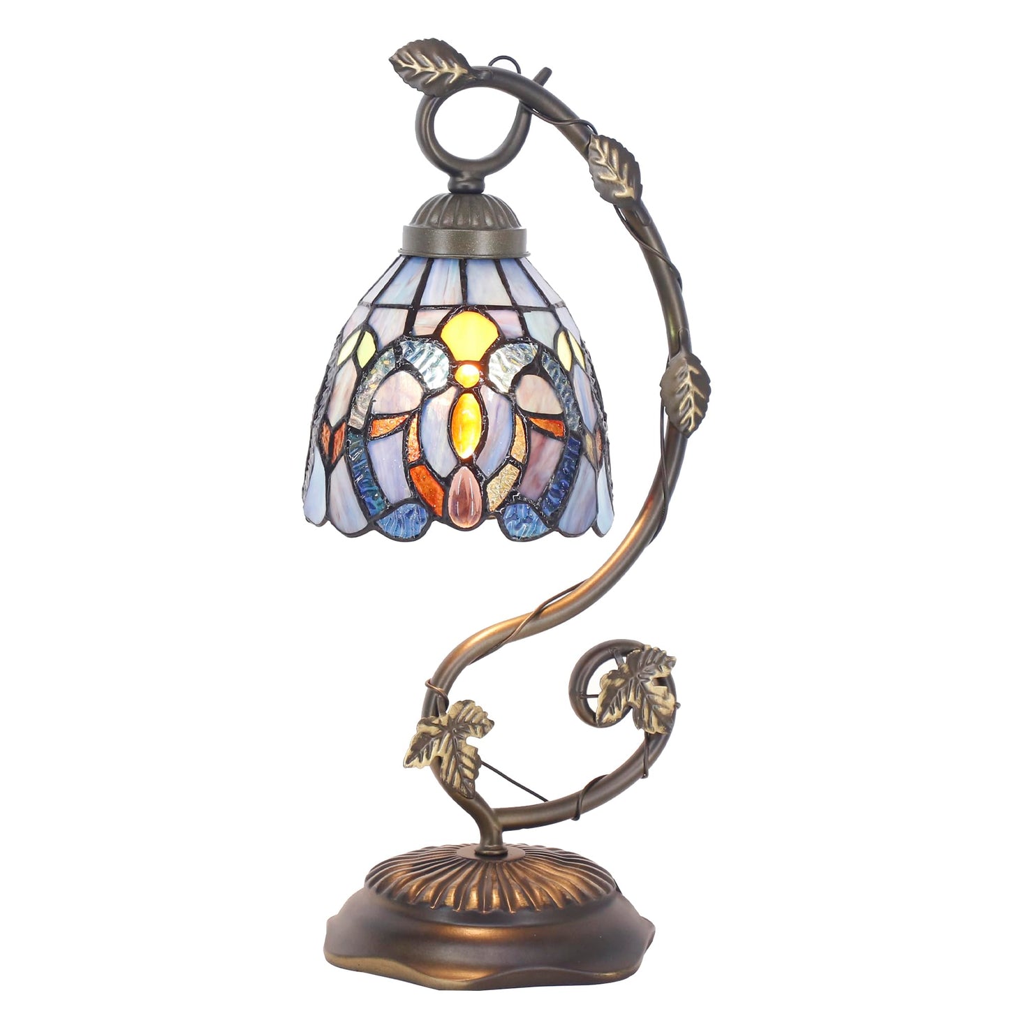 ANYONGLU Tiffany Stained Glass Reading Desk lamp Blue Purple Accent Style Bedside Metal Leaf Base 6X8X17 inch Bedroom Home Office Decoration