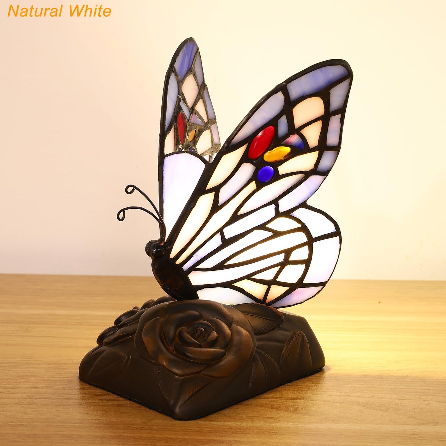 Tiffany Mini Table Lamp Blue Butterfly Stained Glass Cute Night Lights Hand-made 3 Color-temperature Table Lamps For Bedroom Bedside Nightstand Desk Lamps Christams Gifts (3X4X6.5inch) W/ LED Bulb