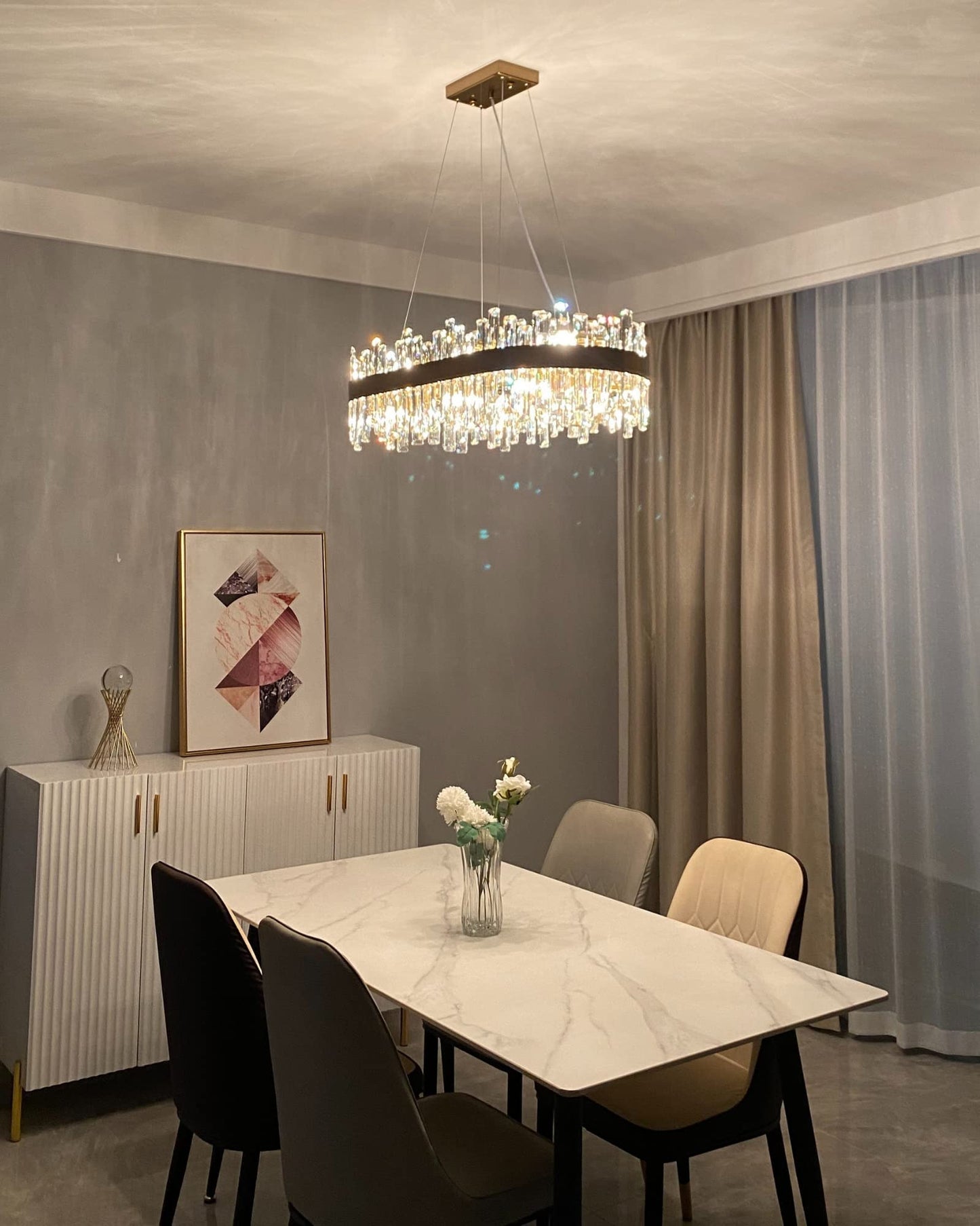 Siljoy Rectangle Gold Crystal Chandelier, 16-Light Modern Dimmable K9 Crystal Raindrop Chandelier, Adjustable Height Oval Crystal Pendant Ceiling Light for Living Dining Room Kitchen L35.4''
