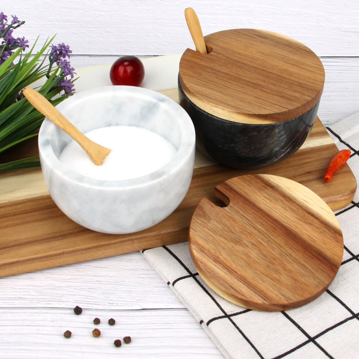 HESHIBI Salt Cellar Box with Lid & Spoon, Modern White Stone Salt or Pepper Sugar Spice Seasoning Bowl Container Jar Holder Well Keeper Dish Pig Crock for Kitchen (White Grey Marble Bowl)