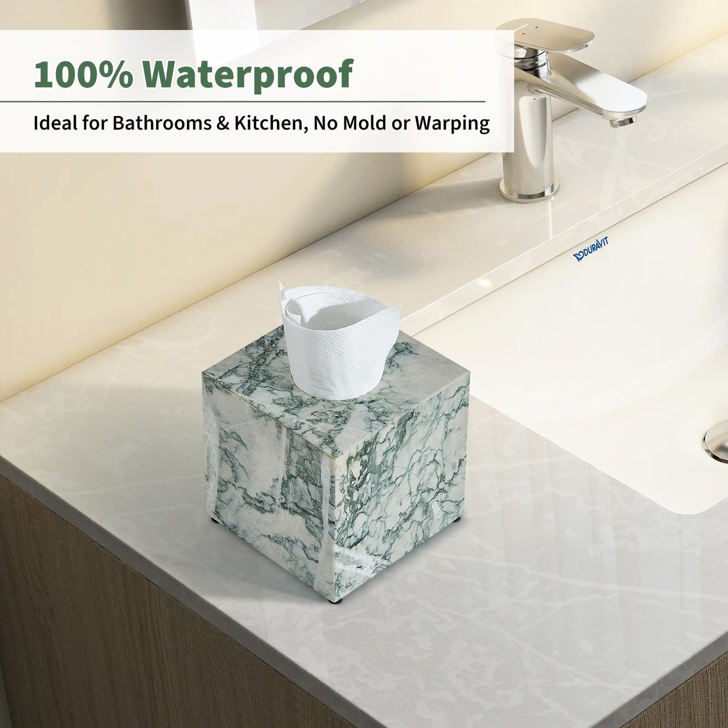 Real Natural Marble Tissue Box Cover, 5.5 Inch Square Marble Tissue Box Holder with Open Bottom, Heavy Stone Decorative Organizer for Bathroom Vanity, Kitchen Countertop, Luxury Home Décor