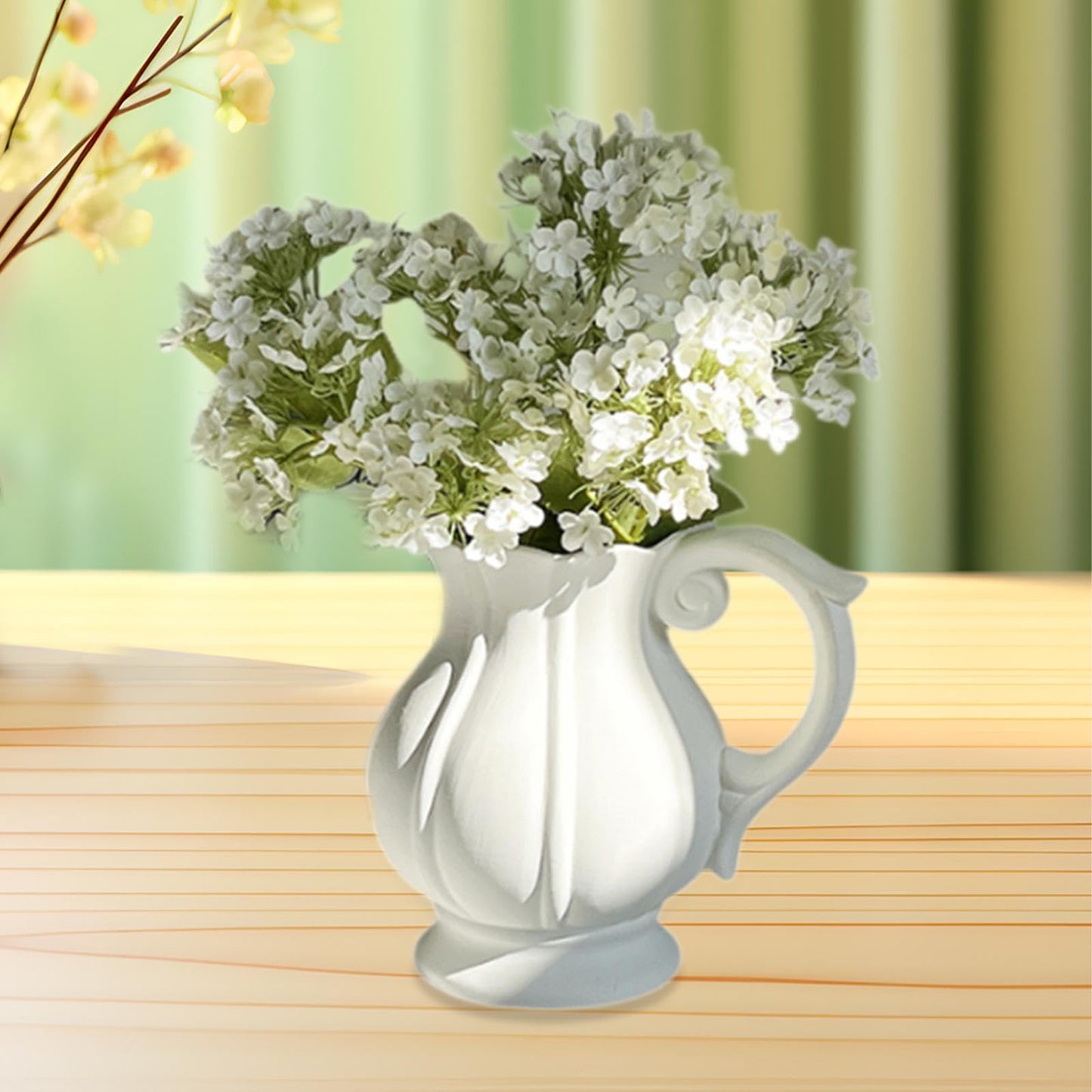 White Ceramic Pitcher vase with Handle – a Small Farmhouse Table Centerpiece for Fresh Flowers on Coffee Table, Desk, or Dining Room,About 7 and a Half inches Tall and Wide
