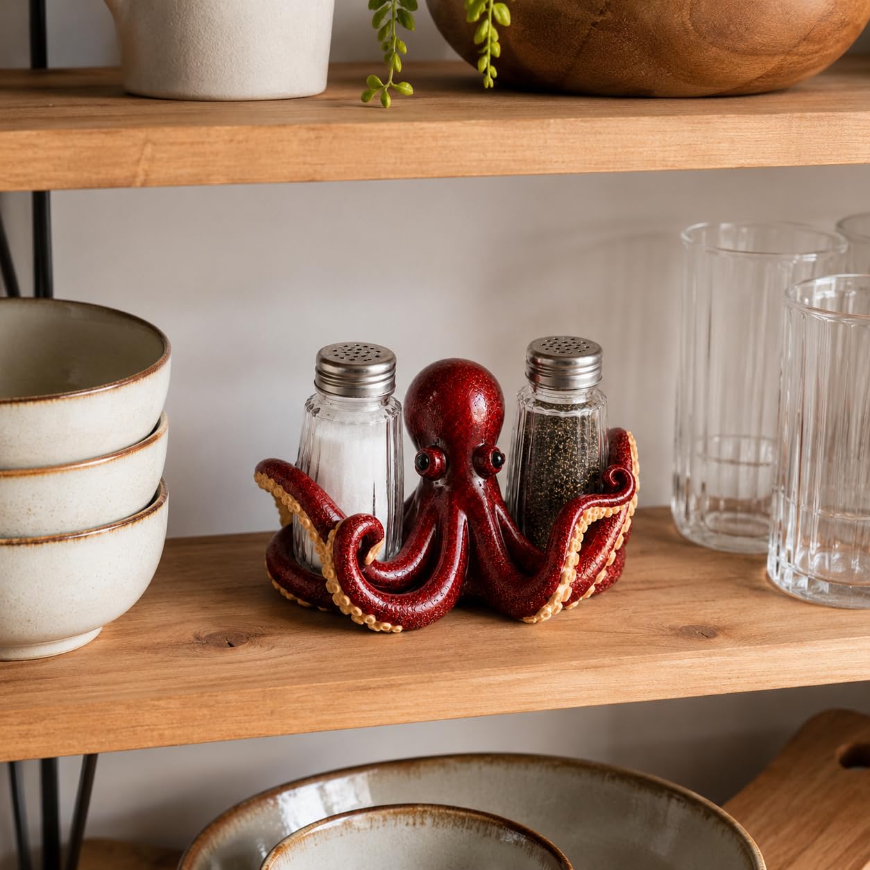 Comfy Hour 6" Red Octopus Salt and Pepper Shaker Duo (Empty Bottle Set Included), Decorative Coastal Ocean Figurine Holder for Kitchen Tabletop, Heavy Duty Resin Stone Texture, 1 Unit