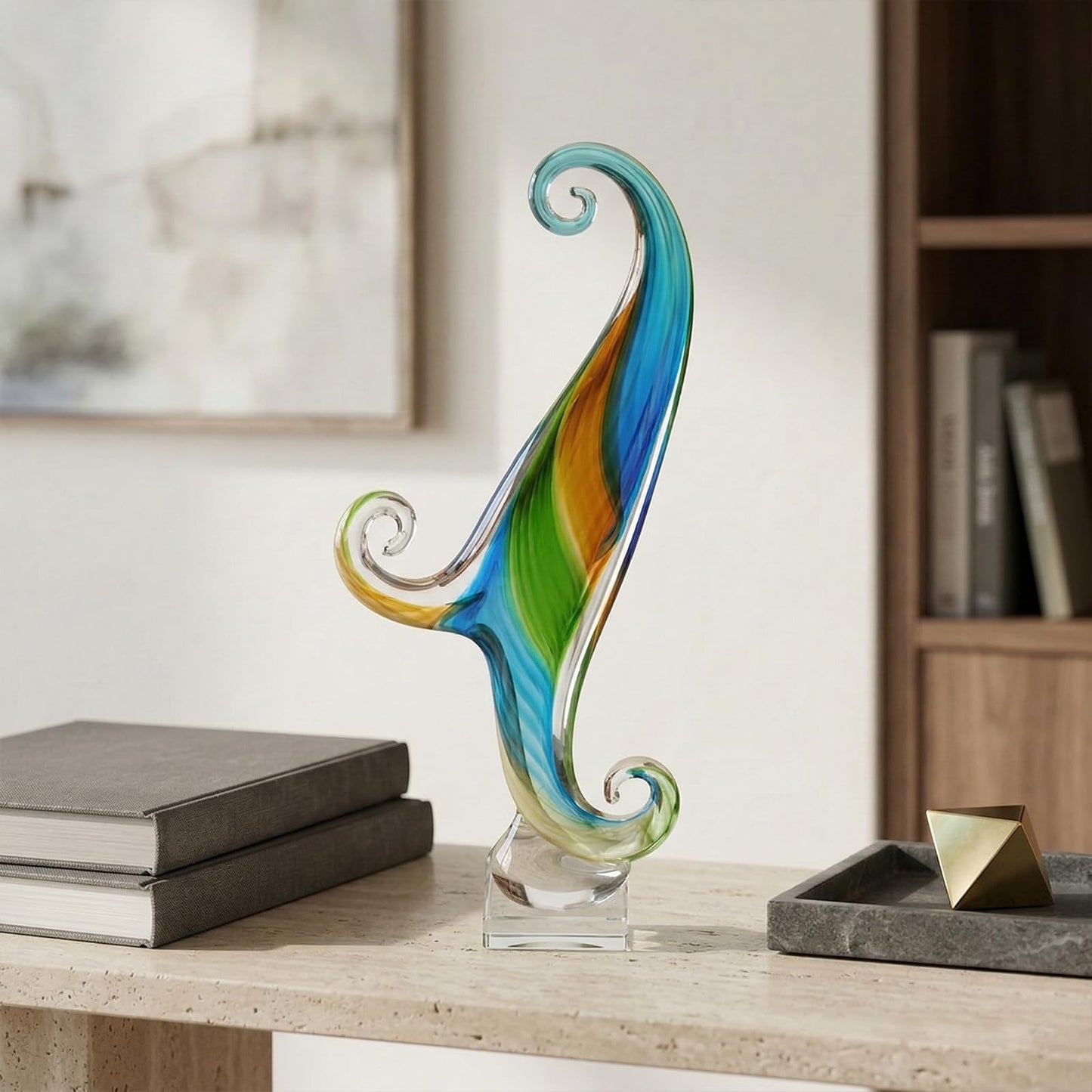 LCCCK 16.9in Tall Glass Wave Sculpture Hand Blown Art Figurine Abstract Twist Statue for Home Decor Living Room Shelf Mantel Tabletop Display Glass Sculptures Decorative Accent Piece