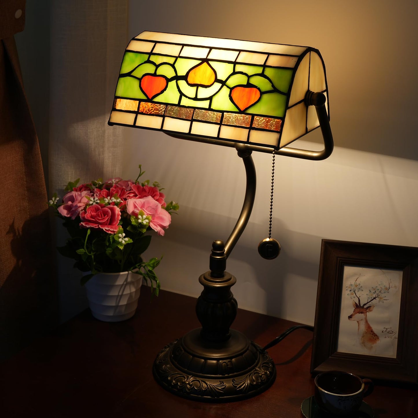 Blivuself Tiffany Style Heart Bankers Table Lamp Stained Glass Vintage Bedroom Bedside Study Pull Chain Reading Desk Lamps Office Nightstand Aesthetic Antique Green Banker'S Lamp Work Light Desklamp