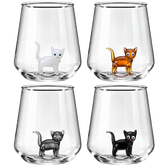 Hushee 4 Pcs Cat Figurine Glass Cup 16oz 3D Animal Cup Novelty Gift for Cat Lover Cute Stemless Coffee Tea Wine Glasses for Women Mom Her Wife Holiday Birthday Housewarming