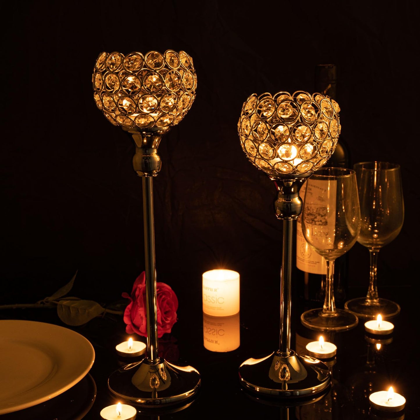 VINCIGANT Silver Crystal Votive Candle Holders Set of 2 for Table Centerpieces, Wedding Dinning Room Table Tealight Candle Stand,Christmas Housewarmin