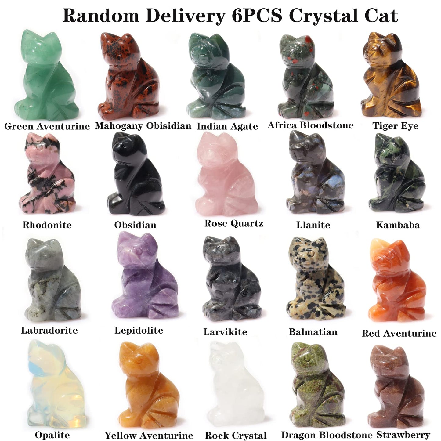 Wemeki Gemstone Cat Figurine Mix 6PCS, Crystal Sitting Kitten Healing Carved Lucky Animal Carving for Home Decor 1.5''