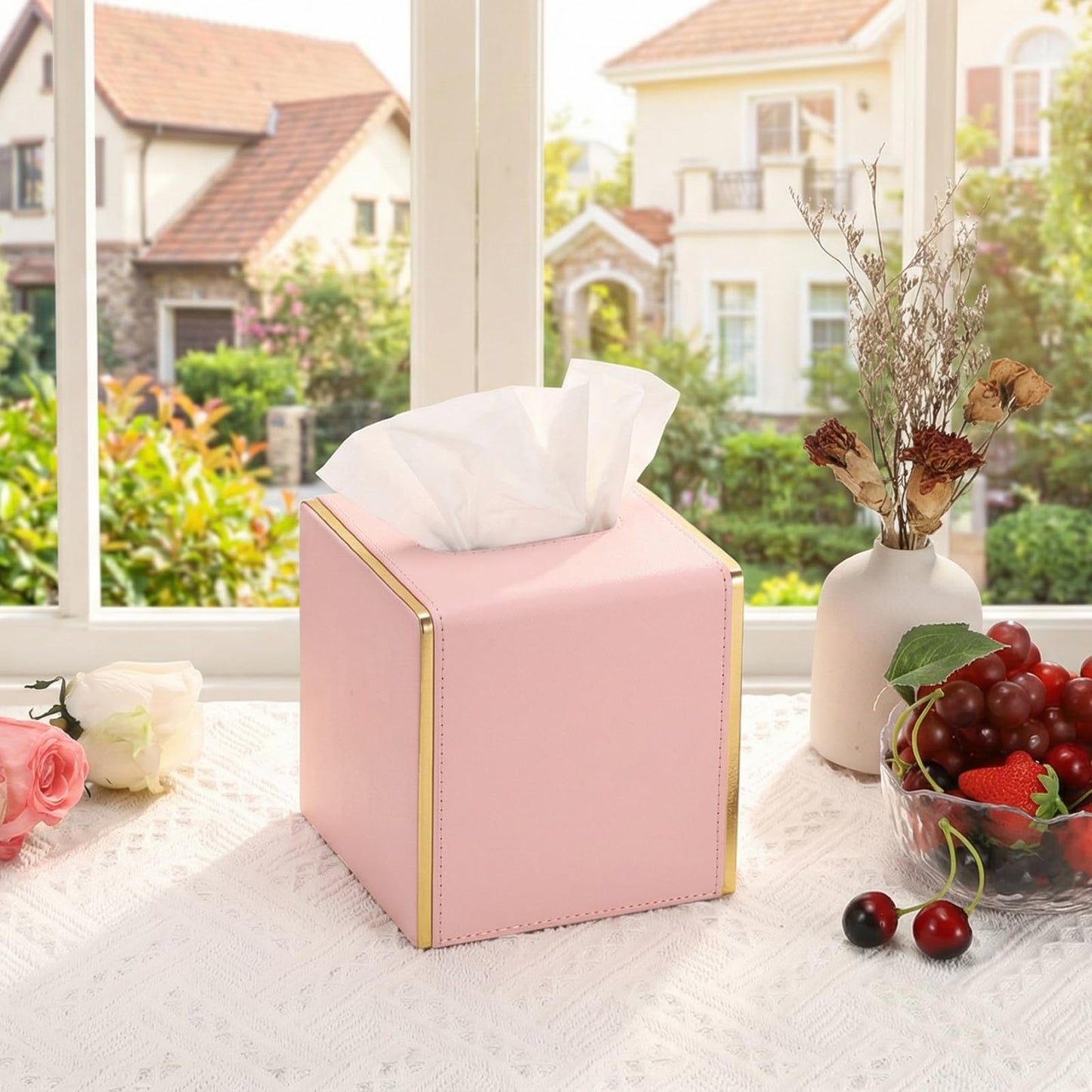 Sumnacon PU Square Tissue Box Cover, Magnetic Bottom, Waterproof, Pink