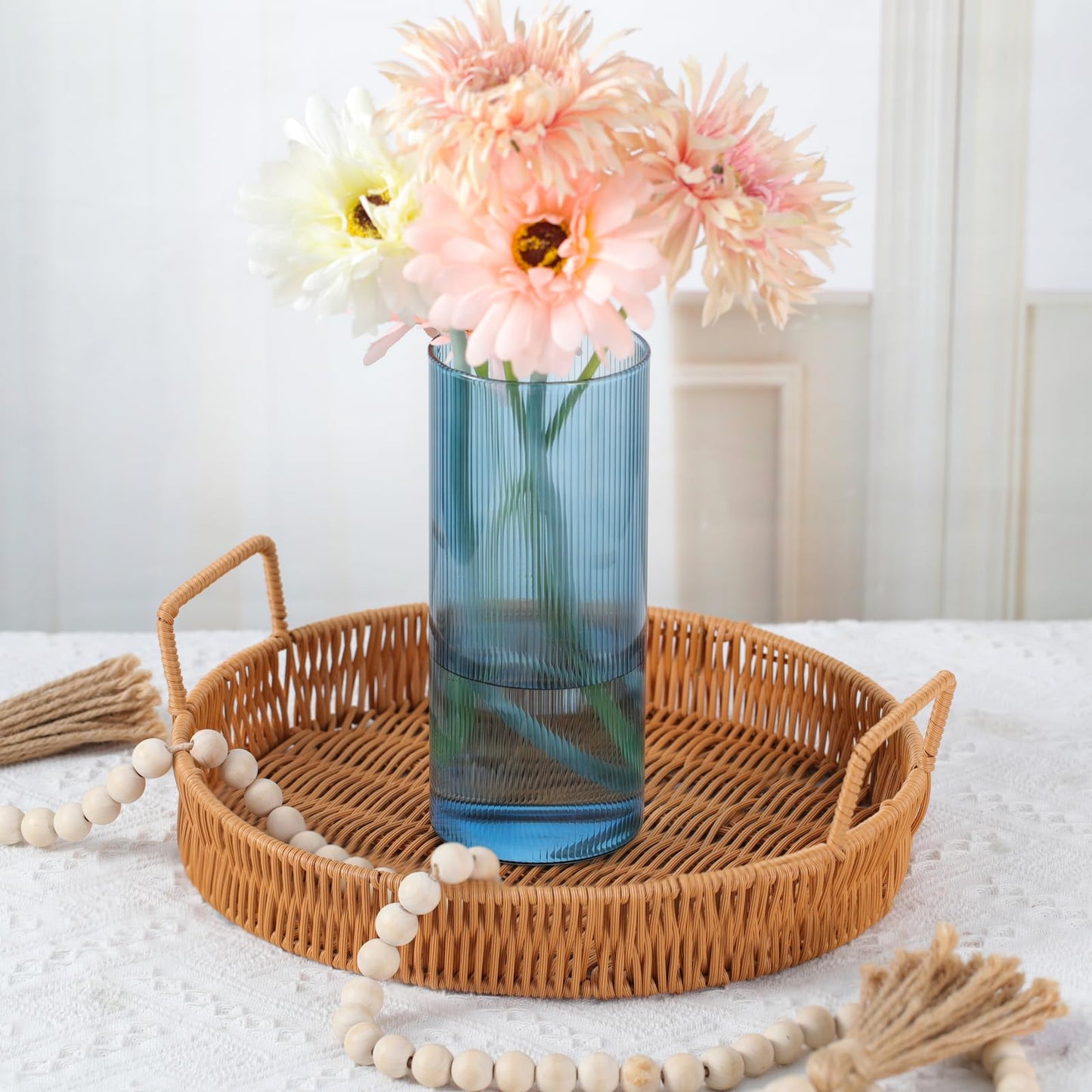 Glass Cylinder Vases, Blue Vases for Centerpieces Set of 3, 8 Inch Tall Ribbed Vase Hurricane Floating Candle Holder, Small Vases for Flowers Wedding Decoration, Home Decor, Housewarming Gift (Blue)