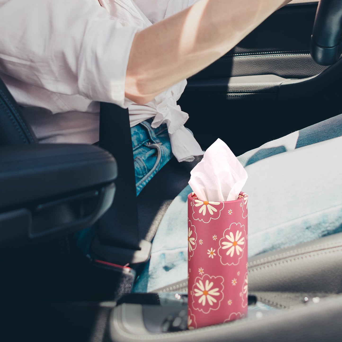 Yoande 4 Pack Car Tissue Holder with Facial Tissues Travel Tissue Tubes Box Round Cylinder Container for Car Cup Holder Home Bathroom Office Wedding Gifts Decor(Daisy)