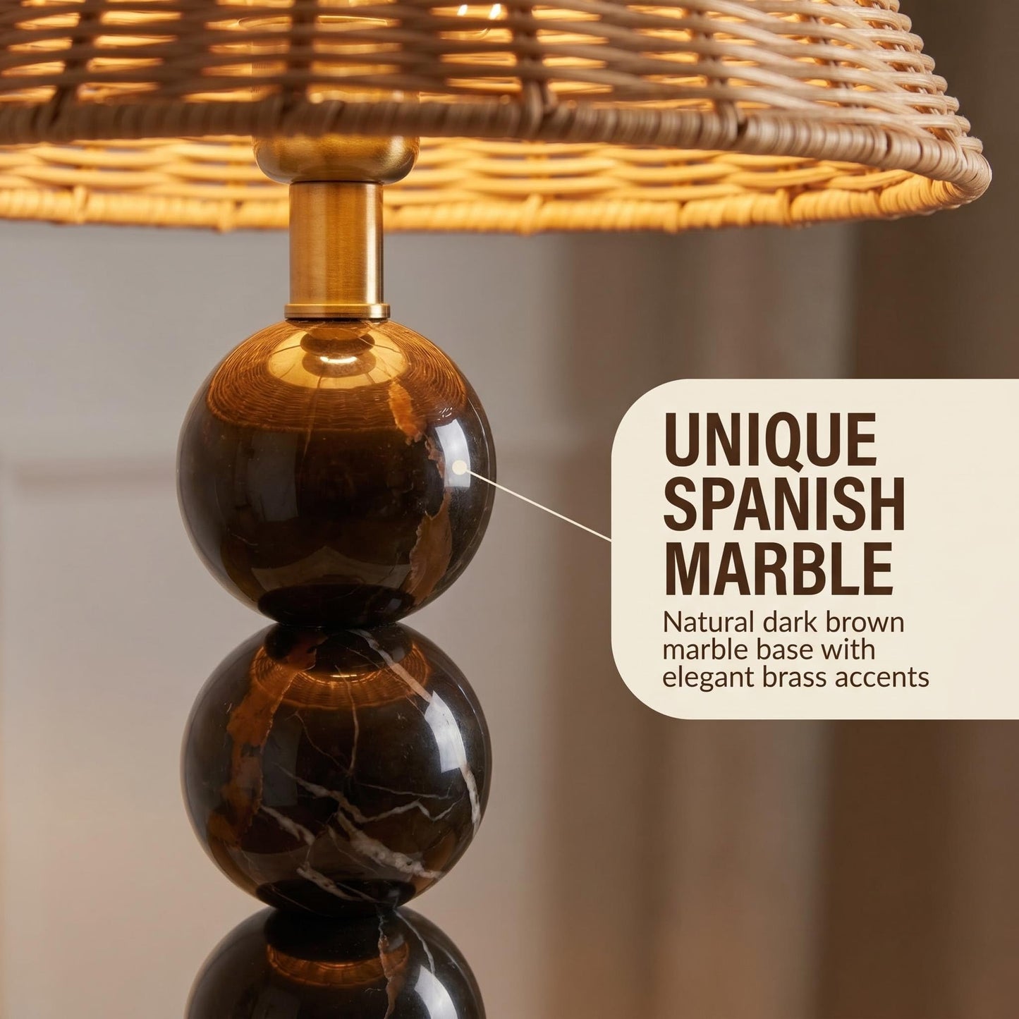Calacatta Marble Stacked Ball Table Lamp - Hand-Woven Rattan Shade, 15" Stone Margot Artistic Vintage Lamp Luxury for Bedroom Living Room, Counter, Console, Entryway, Gift (Calacatta Viola Marble)