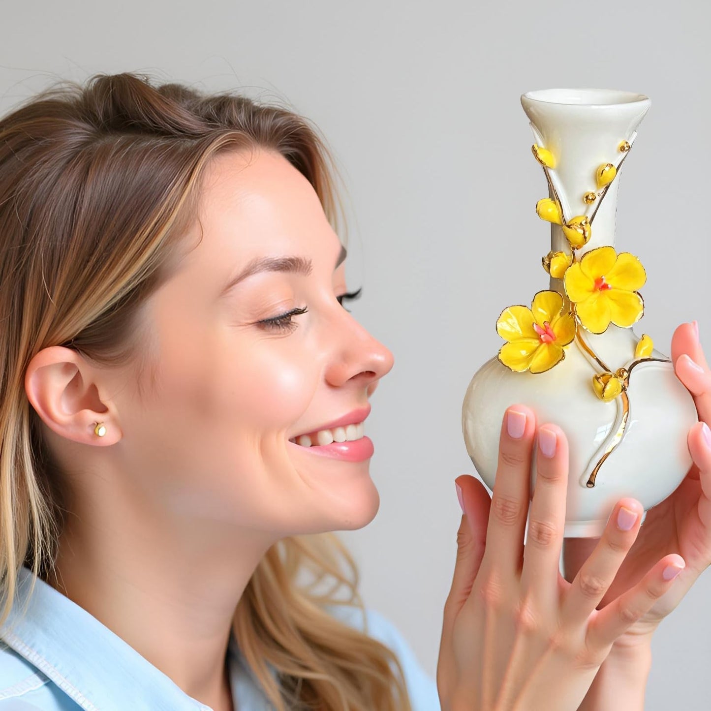 MTME Porcelain vase with Flowers, Plum Blossom, Memorabilia, Wedding Gifts, Aesthetic Sculpture Home décor (Yellow)
