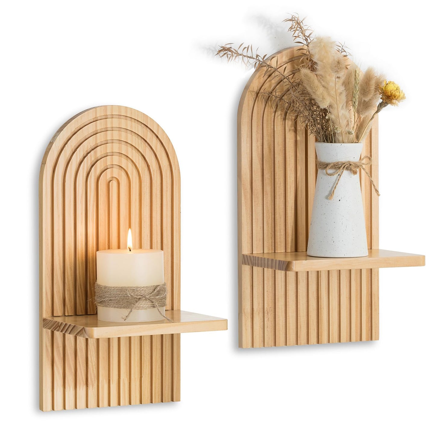 Walasis Boho Wall Decor Set of Two - Natural Modern Minimalist Mid Century Wall Candle Holder for Living Room - Wood Bohemian Decor for Bathroom Nursery Bedroom