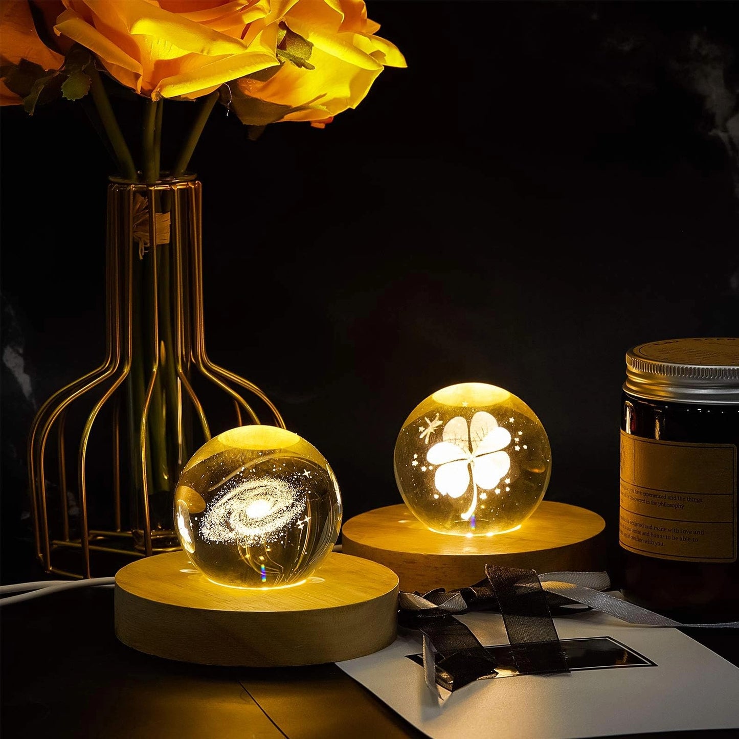 Honoson 2 Pcs LED Base Wood Light Display Base for Crystal Glass Art Resin Light Display Stand with 6 LED Wooden Crystal Resin Lamp for 3D Laser USB Only(Round)