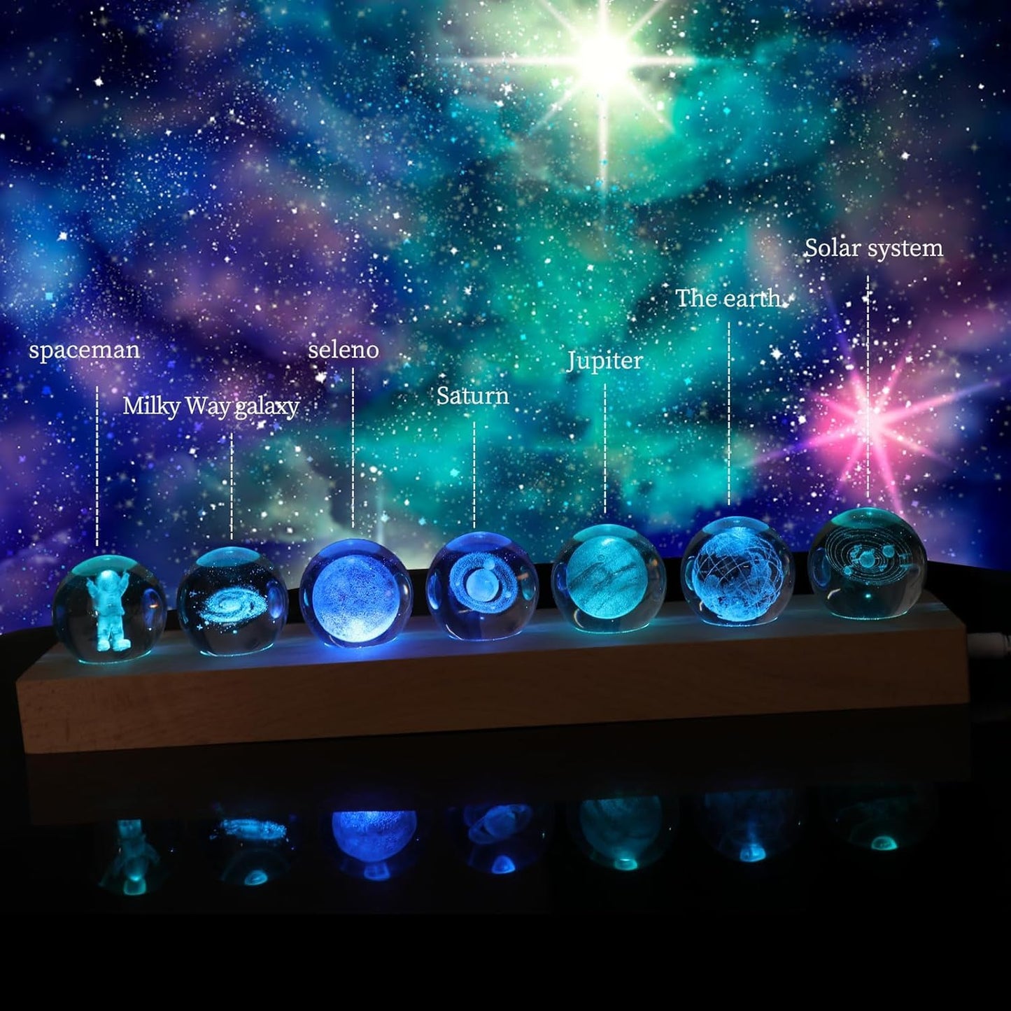 Dokscdlo 3D Crystal Solar System Crystal Ball with Led Lamp Base Galaxy Jupiter Saturn Moon Earth Solar System Space Astronomy Planets Globe Ball Astrophysics Gift Night Light Kids Adults Gift
