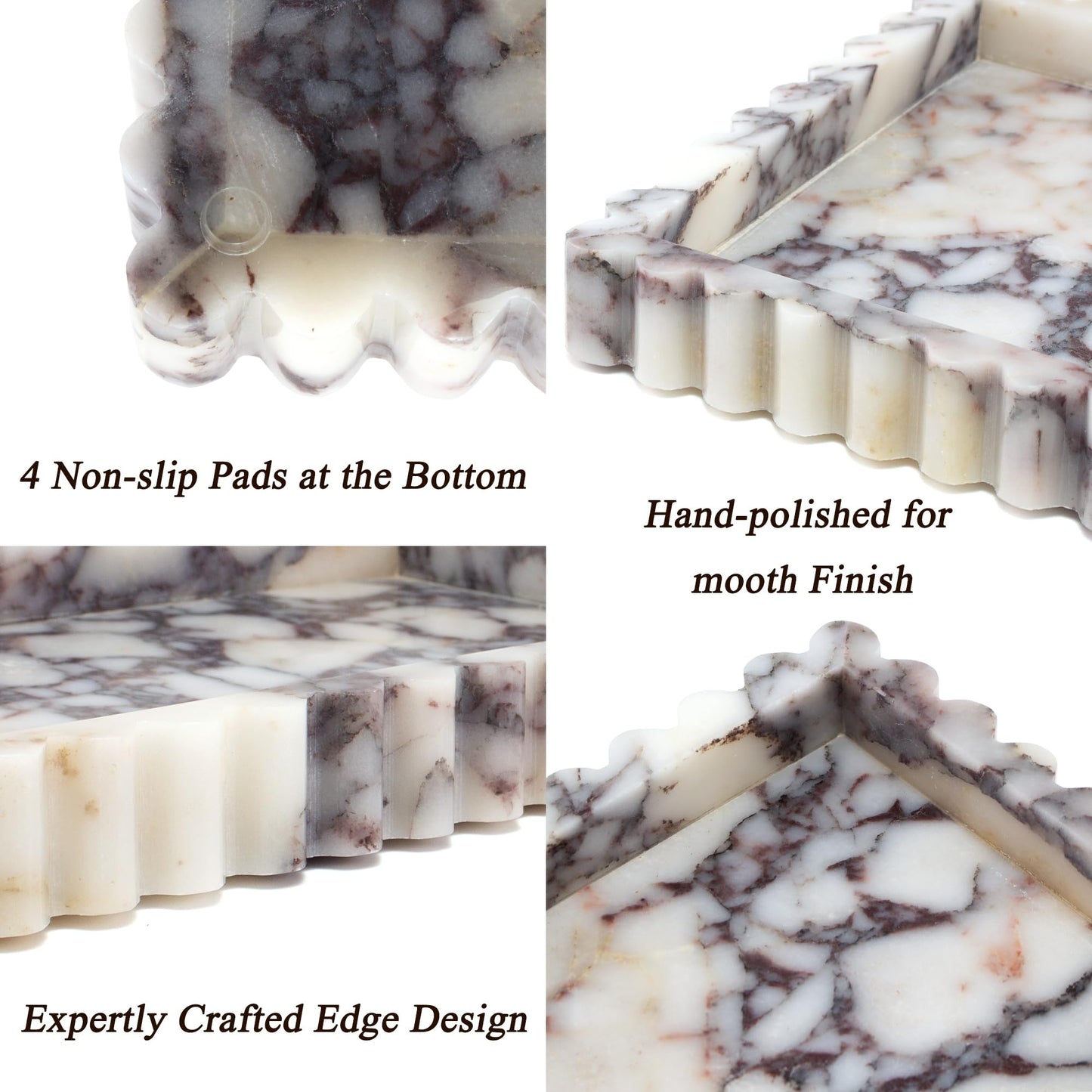 YMXYJM Natural Marble Tray for Bathroom, Real Stone Decorative Vanity Tray with Fluted Edge, Large Marble Serving Storage Tray for Kitchen Counter, Dresser, Home Decor, 11.8" x 8", Calacatta Viola