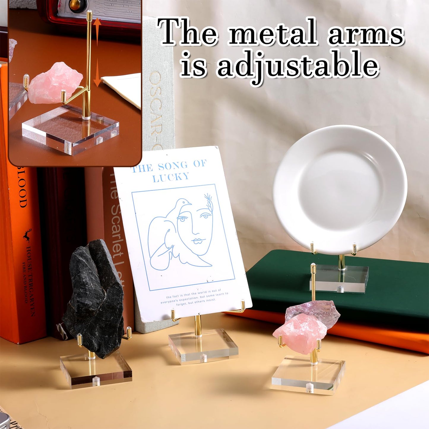 Oqqlin 8 Pcs Adjustable Metal Arm Display Stand, 2 x 2 x 3.5 Inch Gold Small Crystal Display Easel with Clear Acrylic Base Rock Mineral Stand for Picture, Rock, Geodes, Mineral, Agate