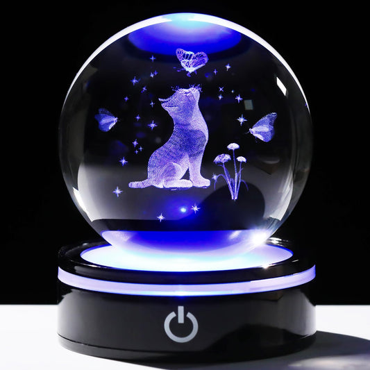 YWHL 3D Crystal Cat Butterfly Figurines Ball with Colorful Light Base, Laser Engraved Cat Gifts for Women Men on Birthday, Animal Snow Globes Figurine Collection for Home Decor
