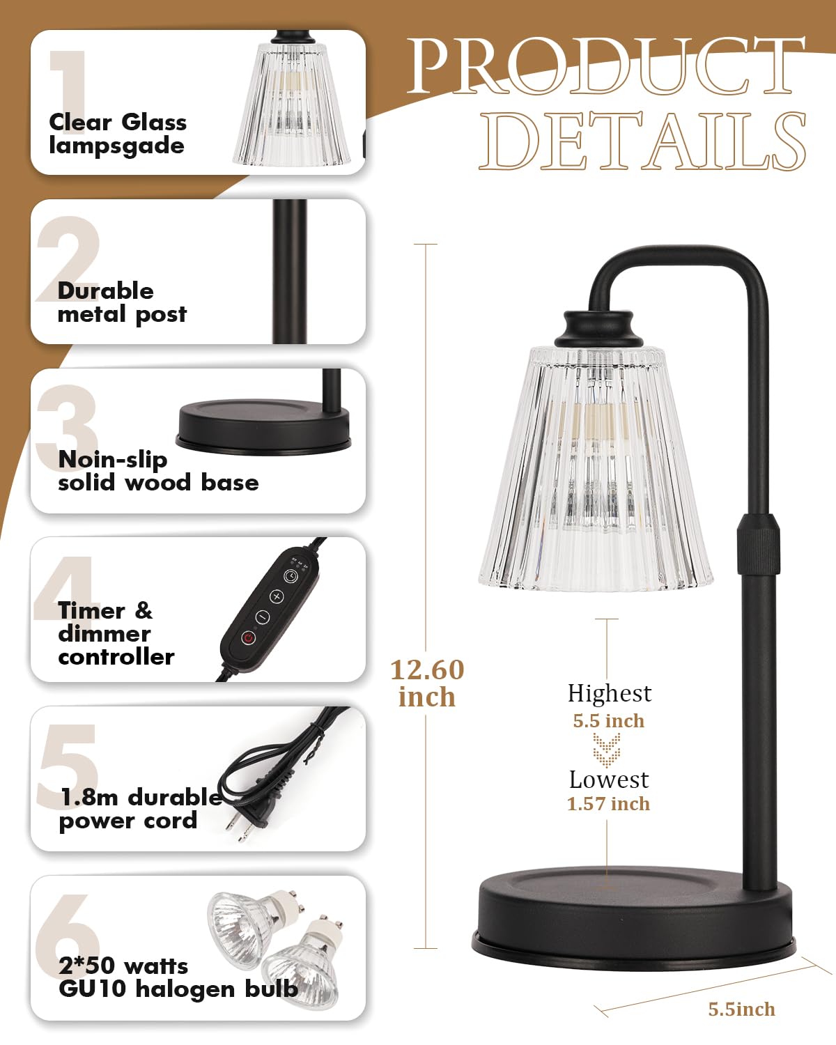 Candle Warmer Lamp With Timer Dimmable Crystal Vertical Stripe, Birthday Gifts for Women Mom, Adjustable Candle Warmer with 2 Bulbs, Christmas Black Candle Lamp for Jar Scented Candles, Home Decor