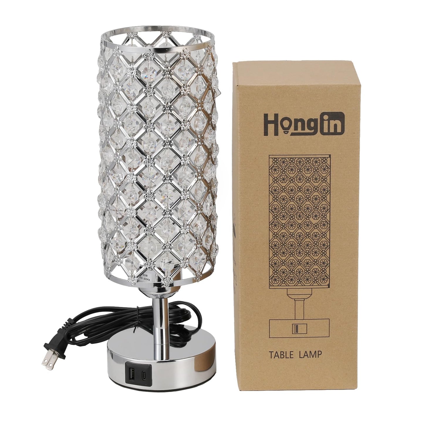 Crystal Touch Lamp with Touch Control, Sliver Table Lamp with USB-C+A Ports, 3 Way Dimmable Bedside Lamp Decorative Modern Nightstand Lamp, Bedroom Light for Living Room Side Table(Bulb Included)