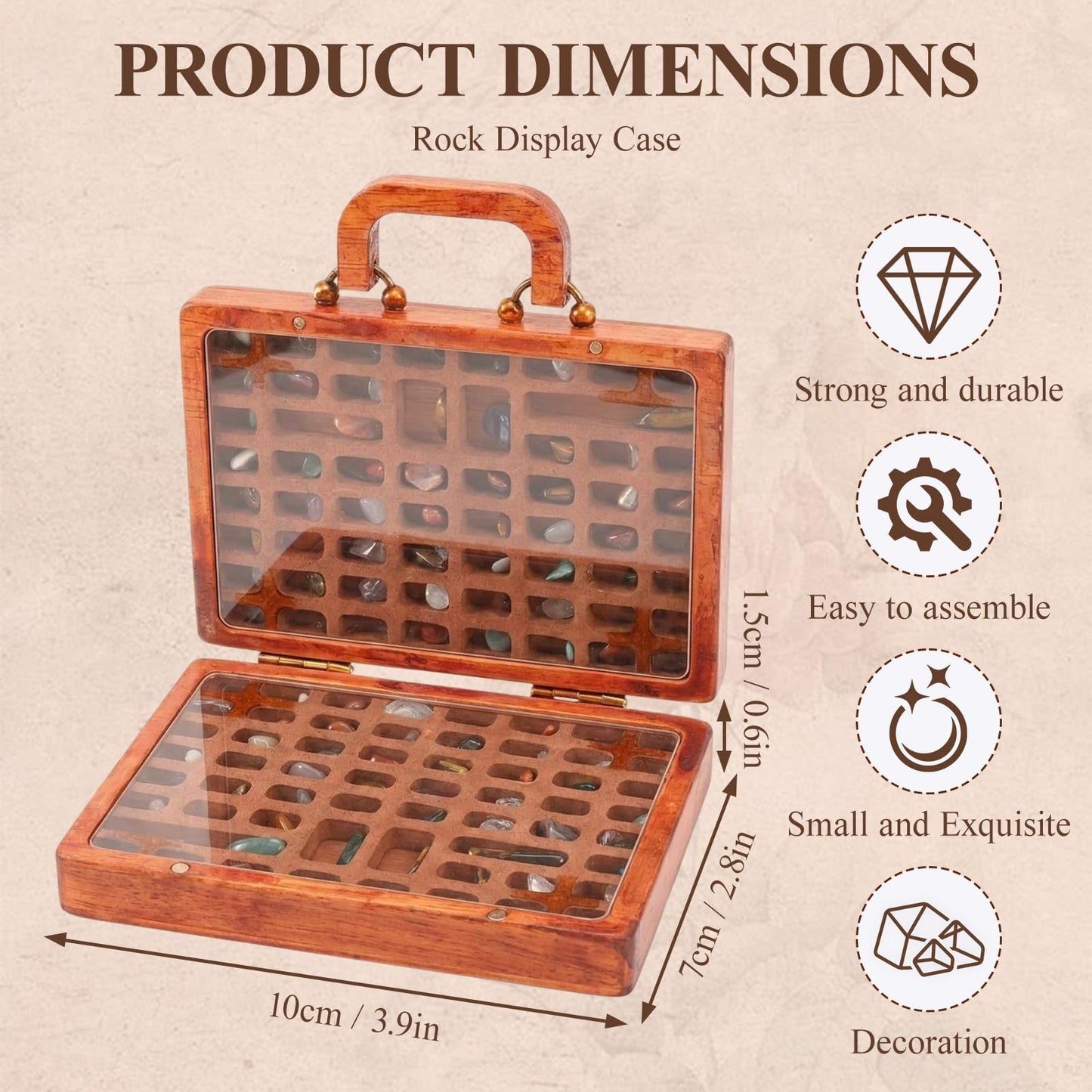 Buachoi Rock Display Case,118 Grid Rock Collection Box, Crystal Mineral Display Showcase with Protective Panel, Wooden Stones Storage Organizer Holder,for Agate Opal Crystal Stone Arrowheads etc.